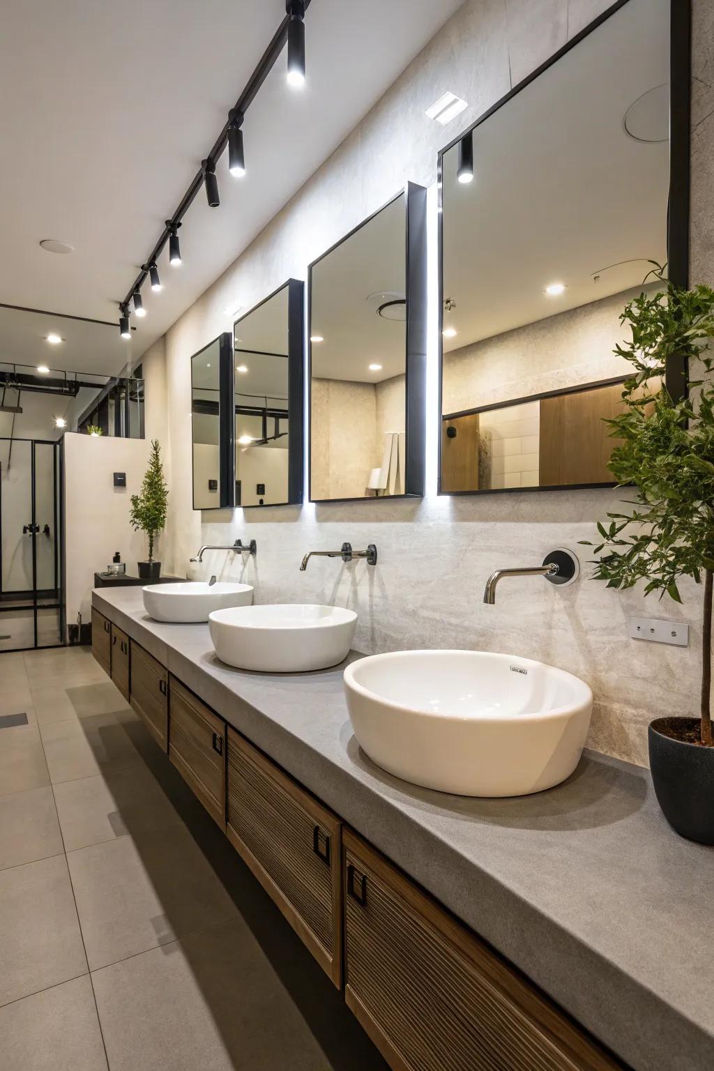 Bathroom featuring streamlined, wall-mounted fixtures.