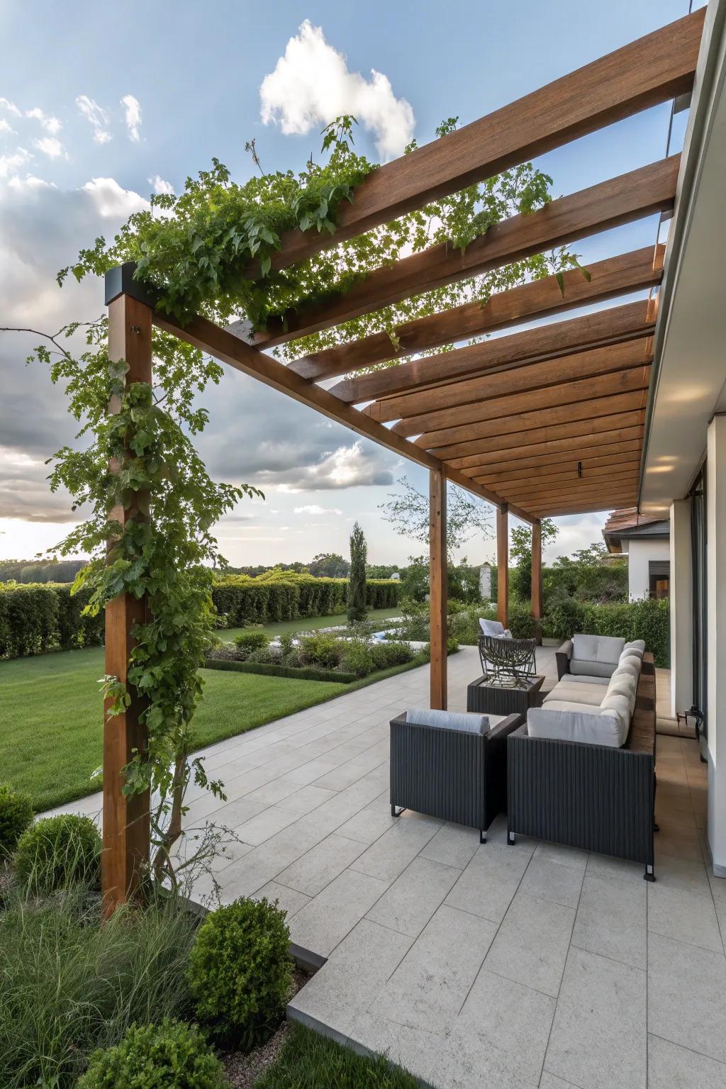 An elegant wooden pergola introducing charm and shade to a patio.