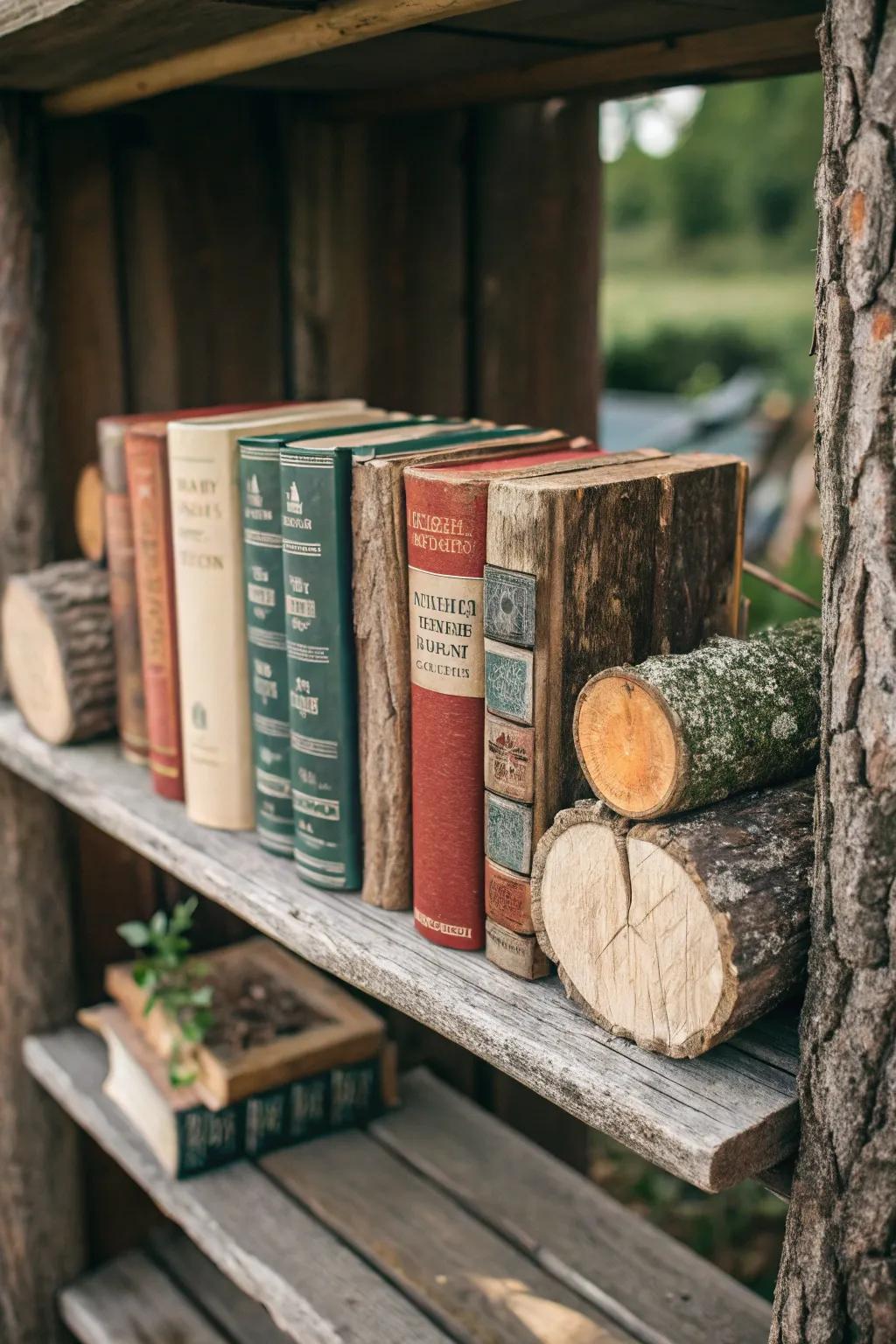 Rustic log bookends contribute organic charm to any shelf