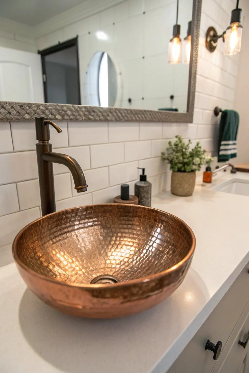 The textured copper sink adds a sophisticated touch to this bathroom.