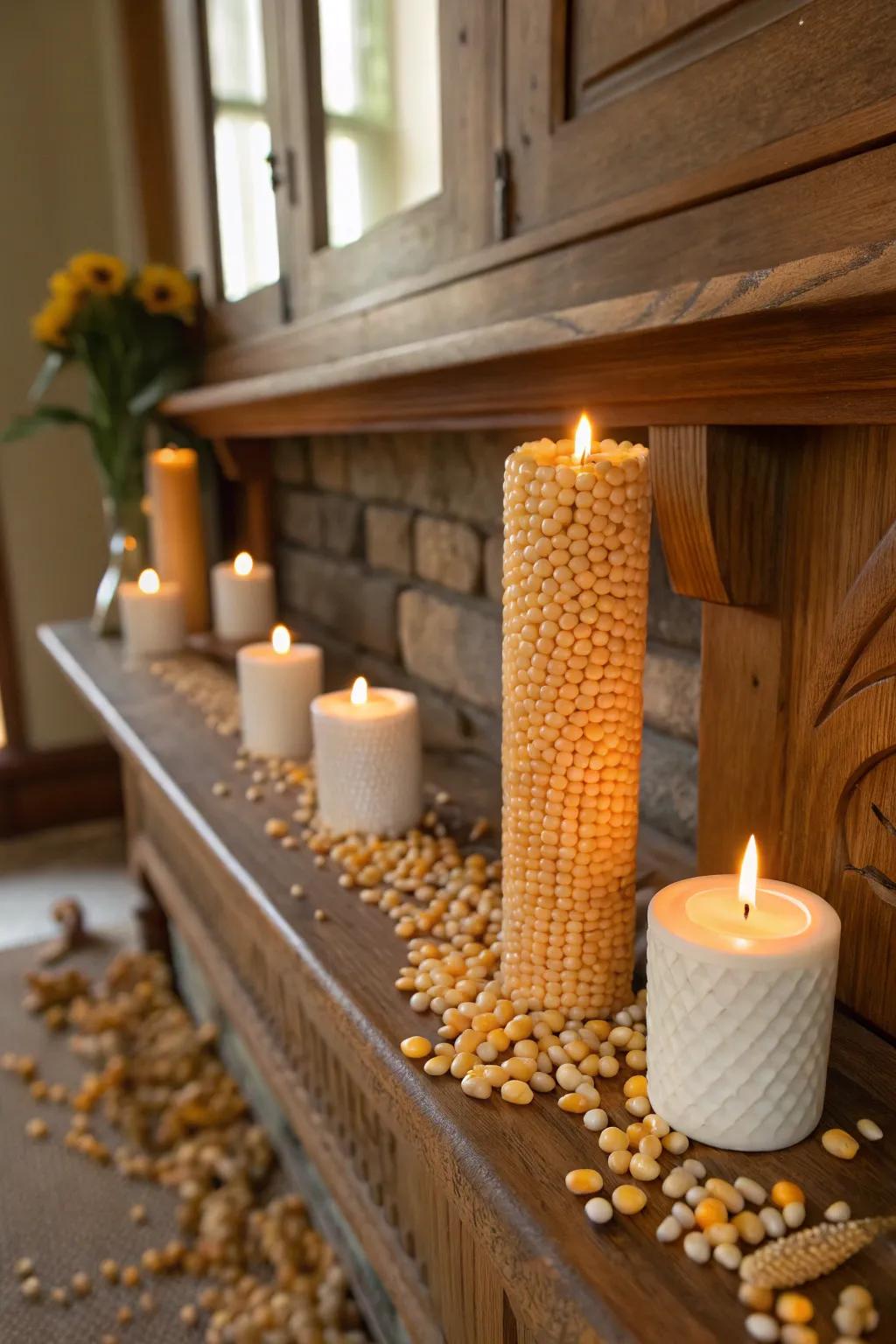 Illumination devices encircled by field maize granules casting a comforting radiance.