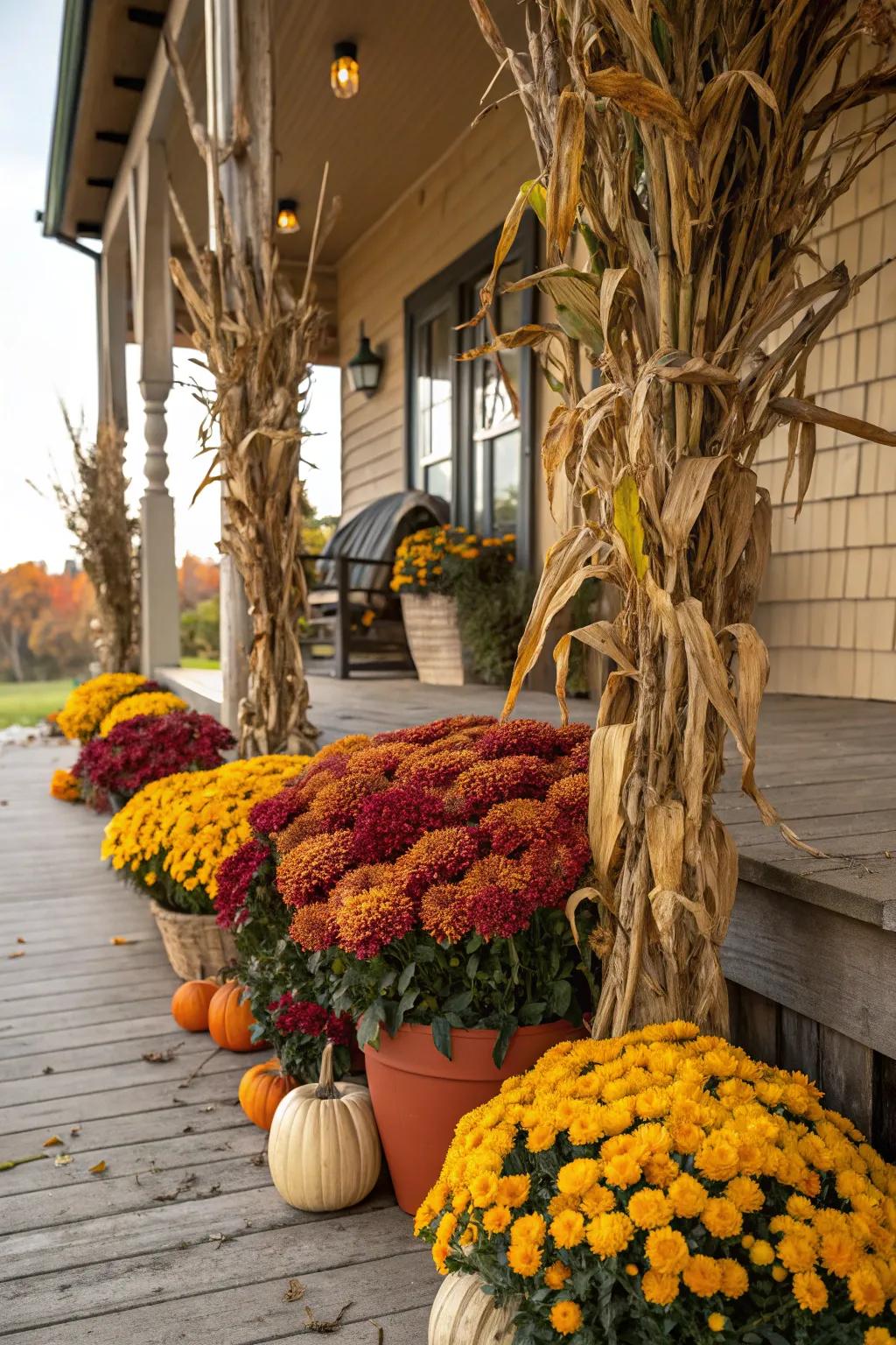 Brighten your porch using a vivid arrangement of corn stalks and chrysanthemums.