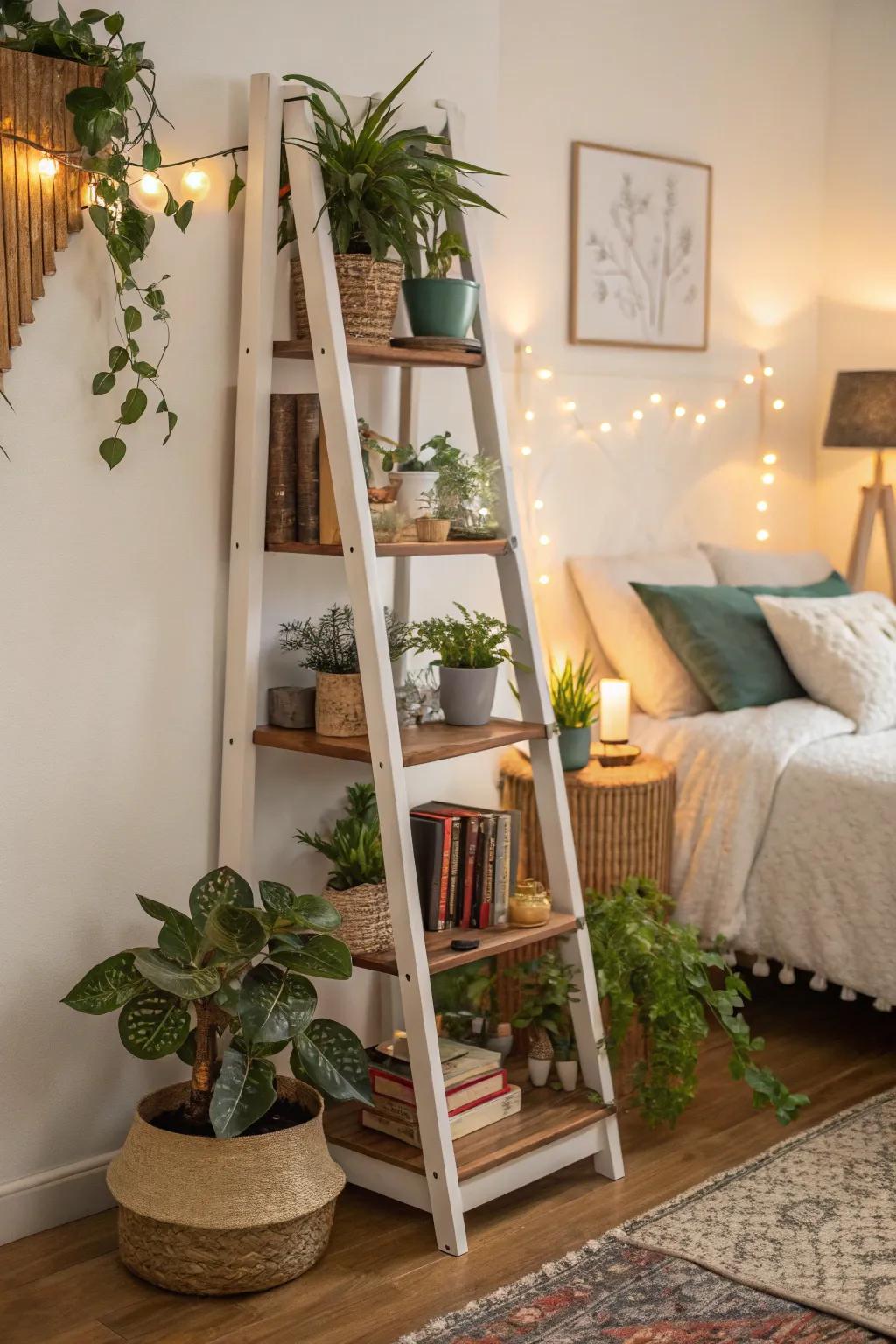 Ladder shelves present a fashionable means to showcase items.