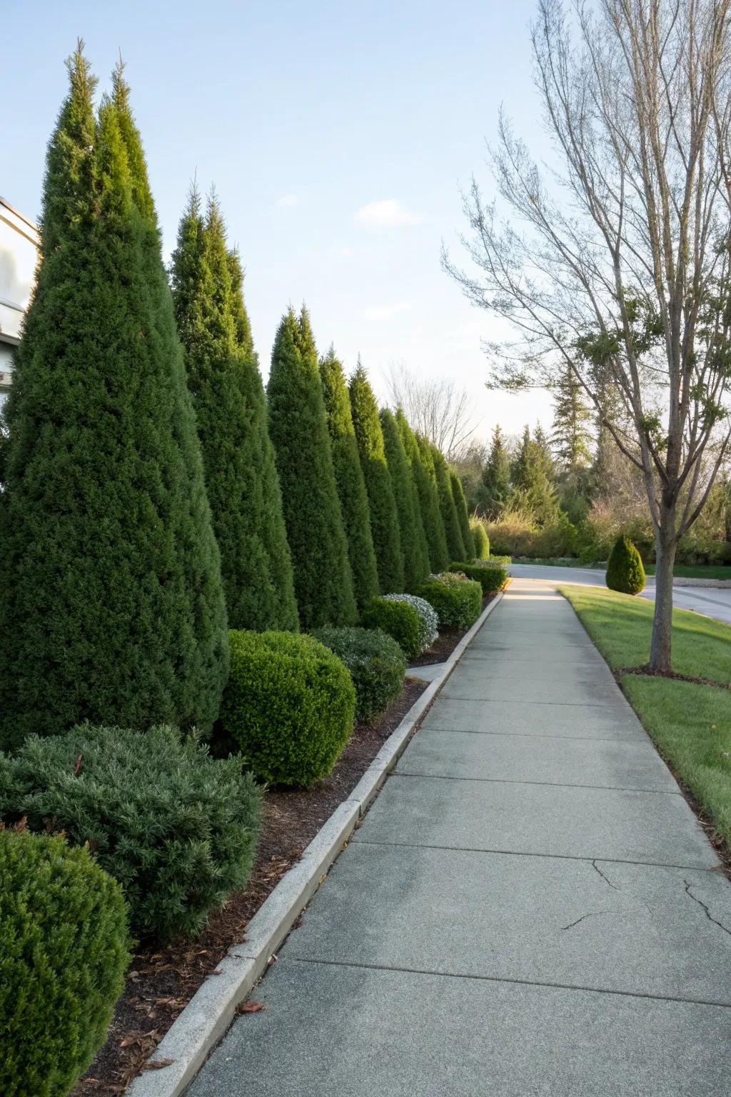 Evergreen shrubs offering a polished appearance to a corner driveway.