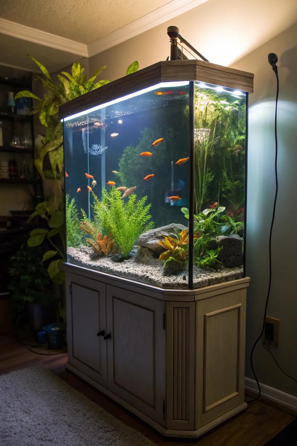 LED illumination brings out the rich tones of fish and flora in a corner tank.