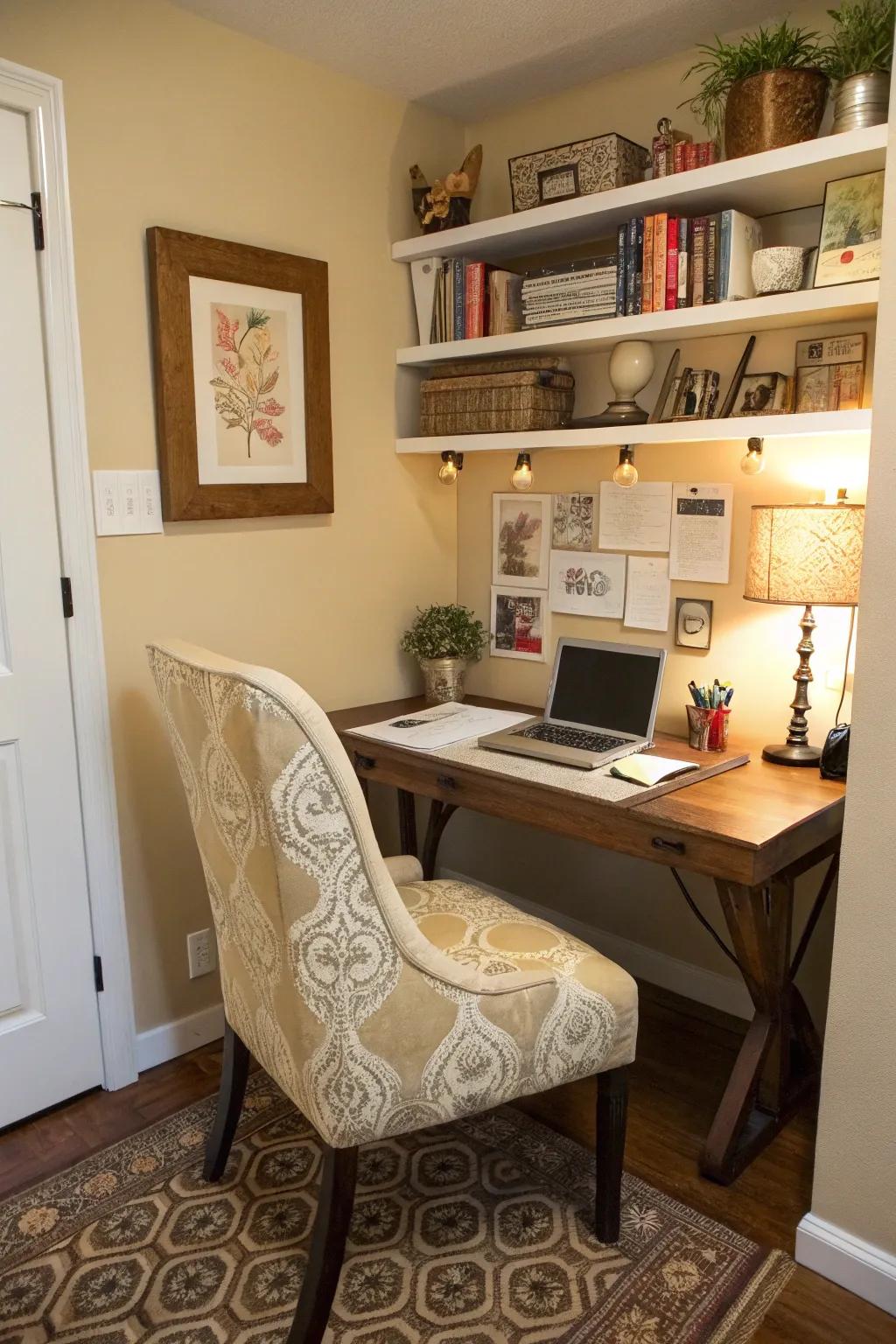 Establish a functional workspace in the corner using a small desk.