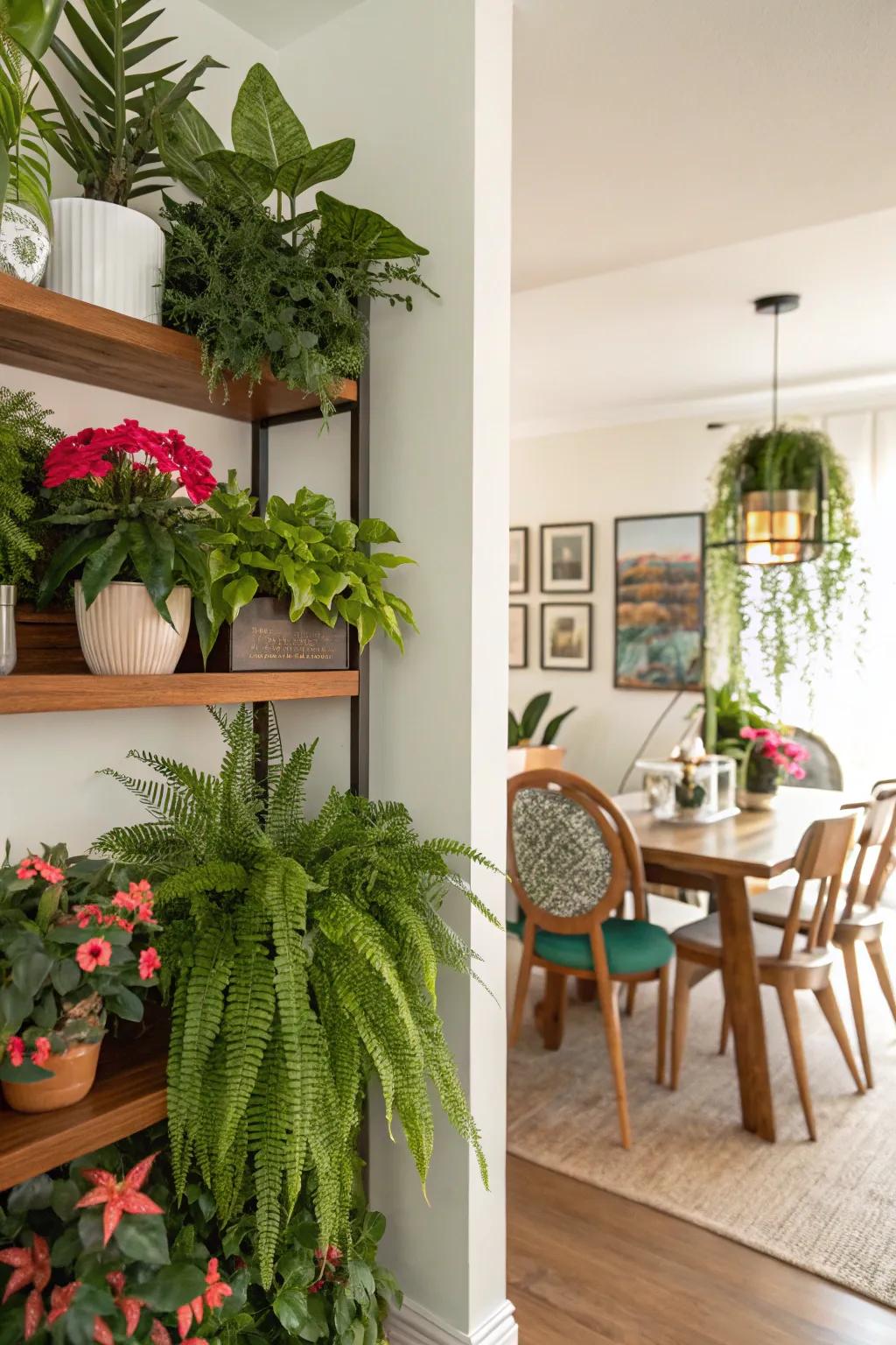 Establish a green haven with lush plant displays on your shelving.