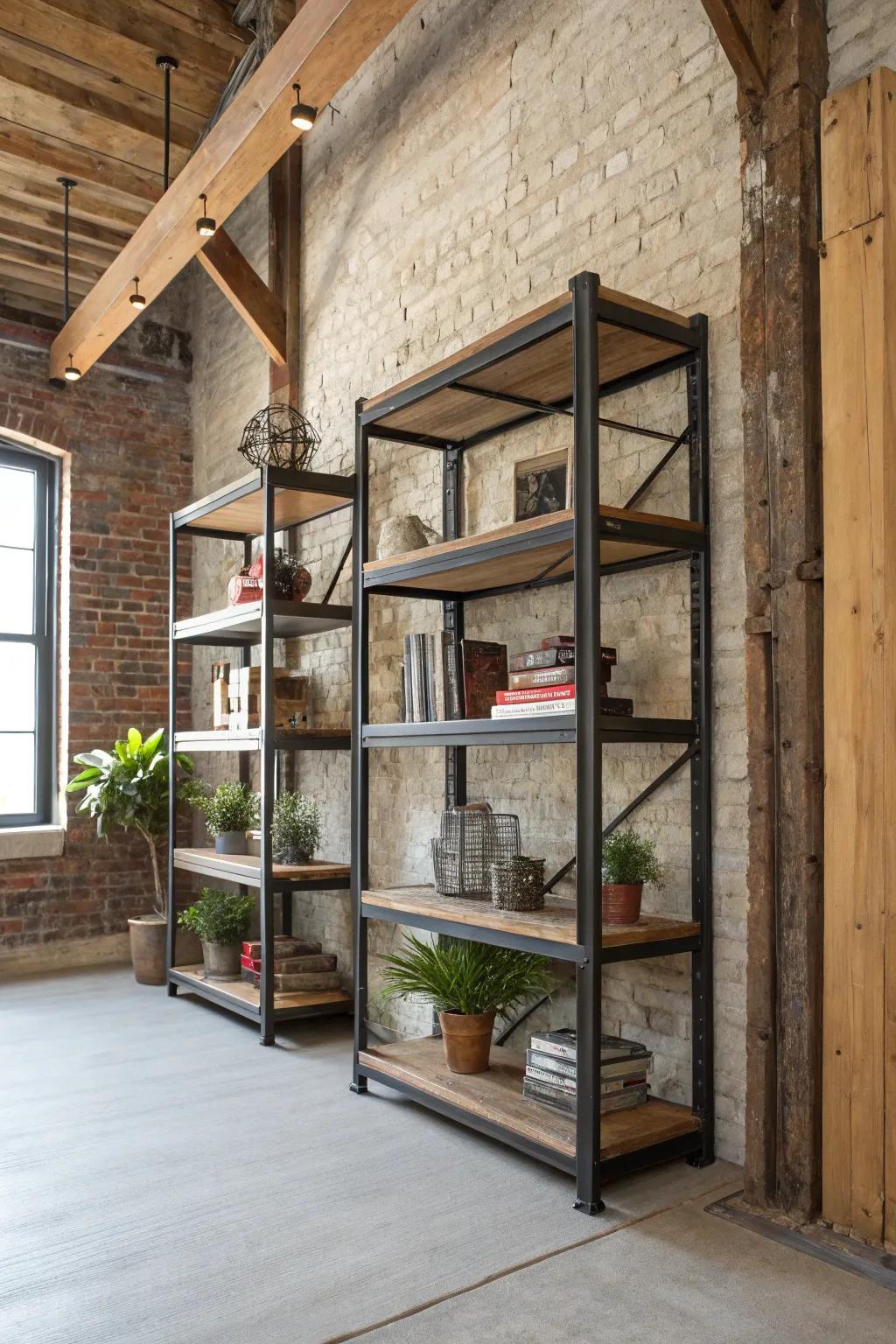 Industrial corner shelves featured in a loft-style setting.
