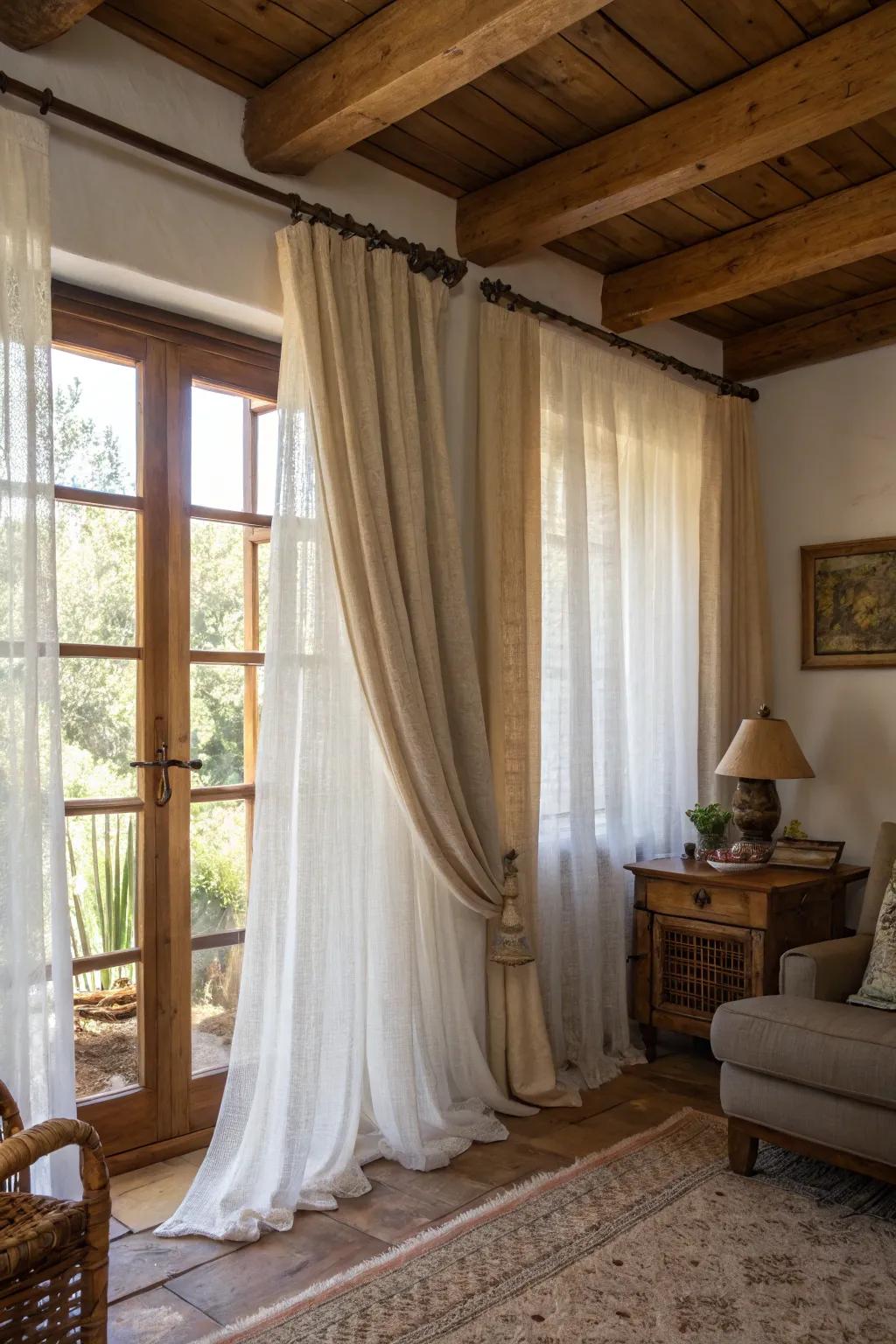 Layered curtains introduce richness and magnitude to your countryside aesthetic.