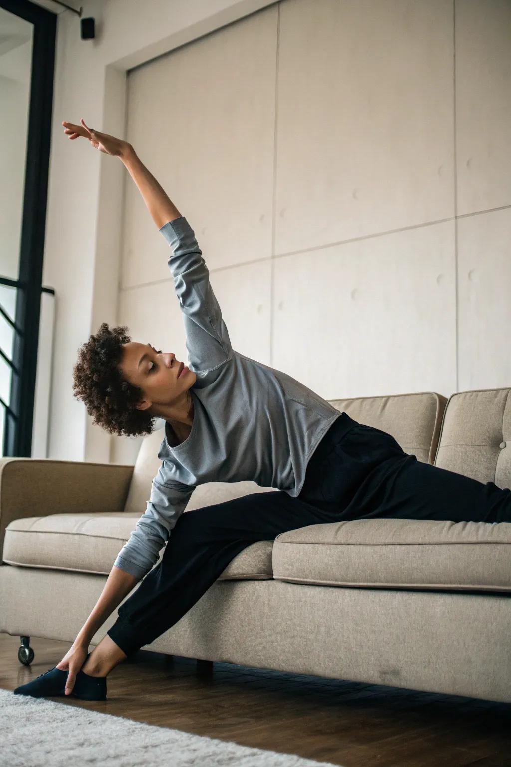Sideways extension introduces a dynamic element to your couch pose.