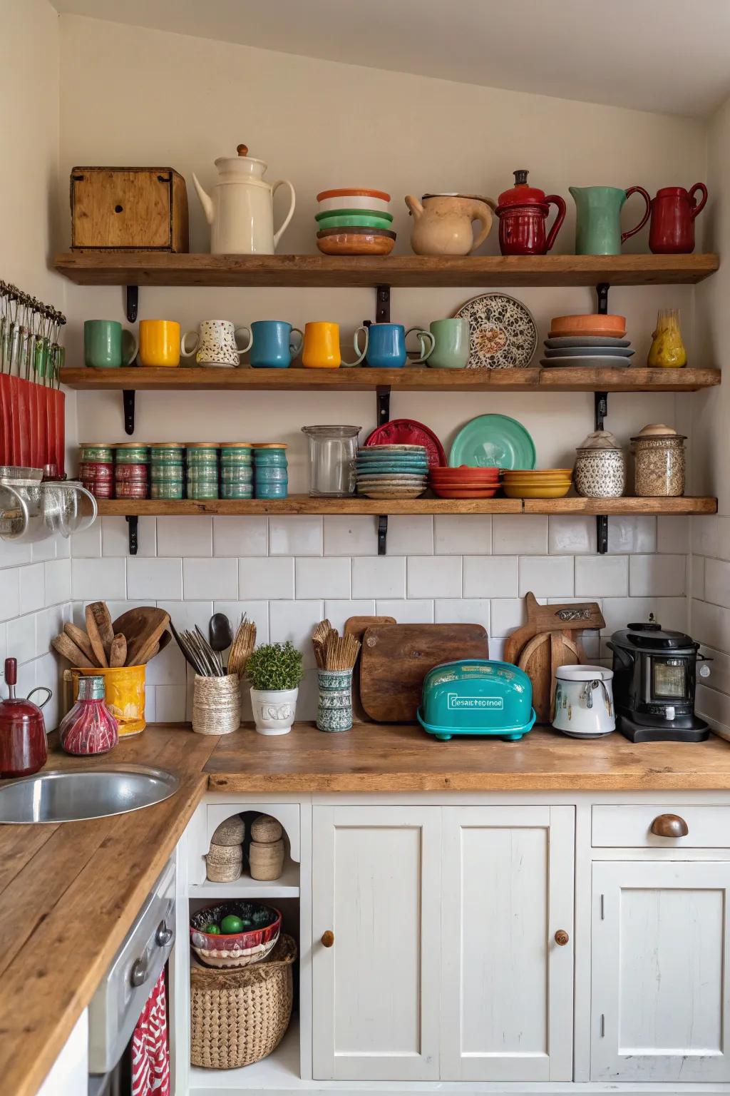 Uncovered shelving offers practical storage and personalized expression.