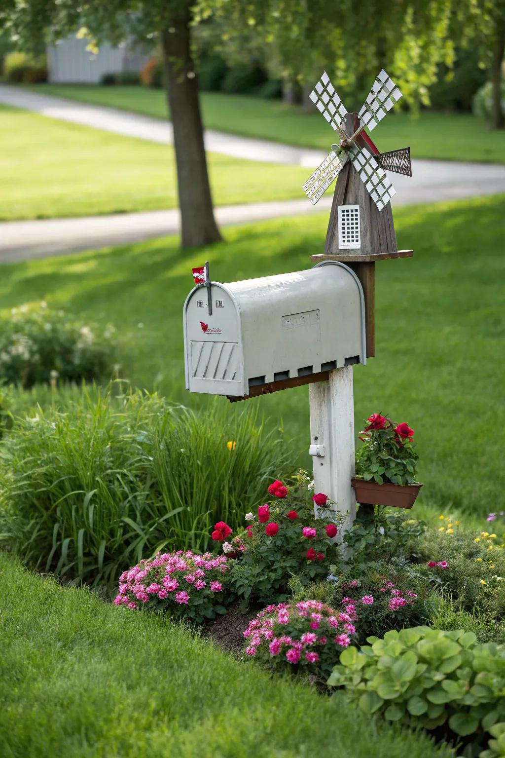 A playful windmill atop a mailbox brings a dynamic element to the design.