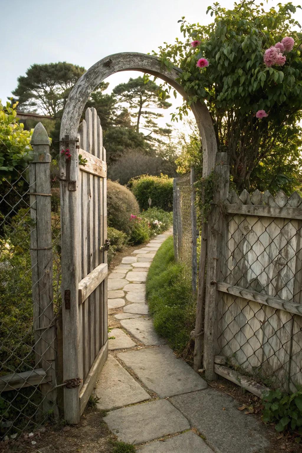 A delightful curved timber access brings elegance to pragmatic fencing.