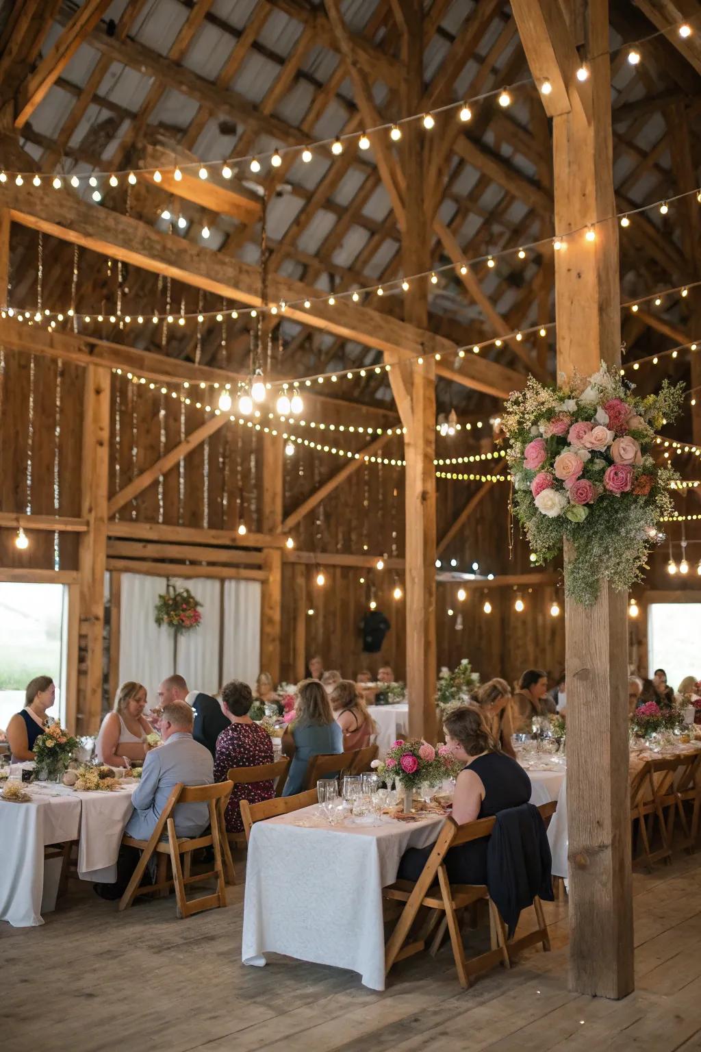 A wedding gathering hosted in a captivating heritage barn featuring visible timber beams.