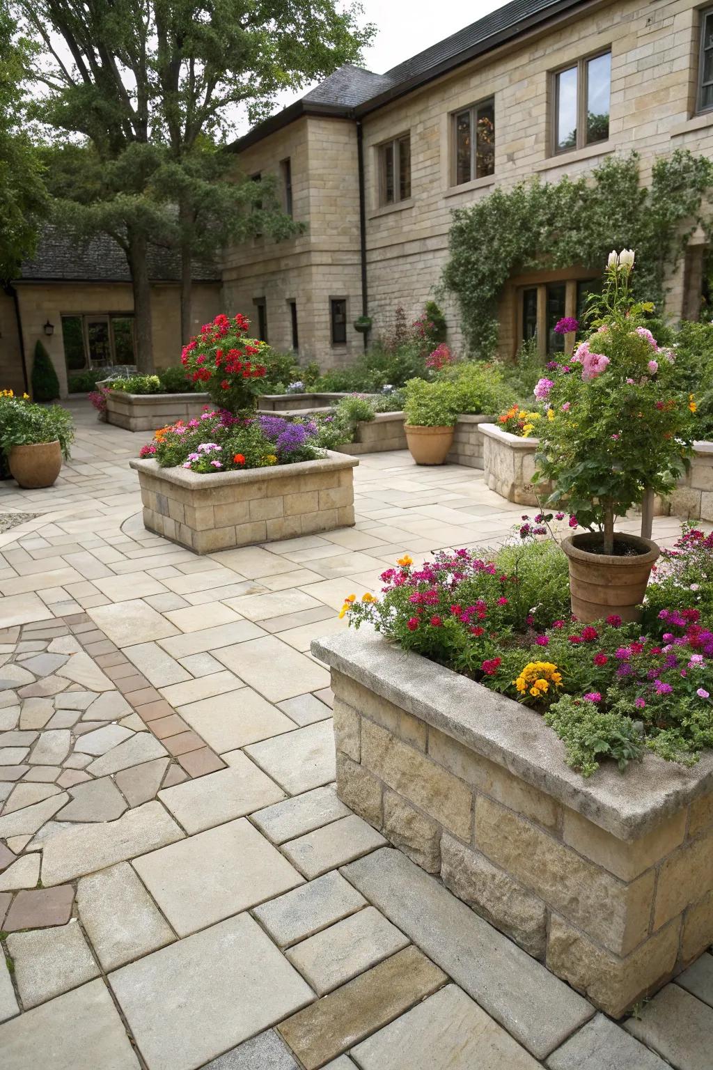 Amplify your courtyard by integrating greenery into the hardscaping layout.