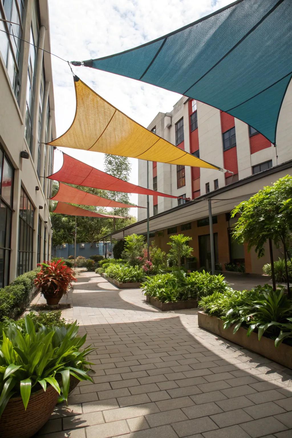 Lively shade sails bring a contemporary style to the courtyard.