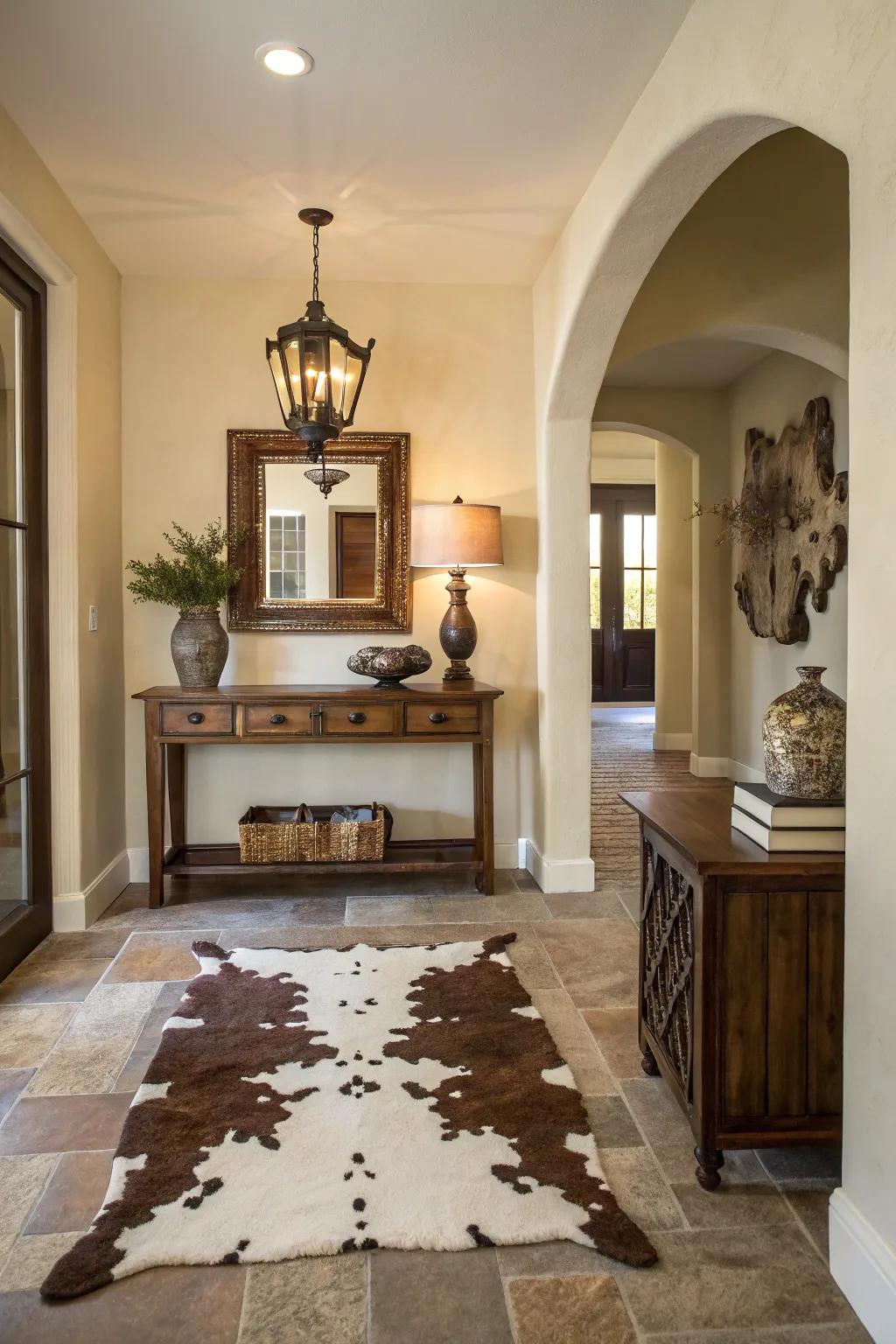 An elegant entryway featuring animal hide wall decor above a console.