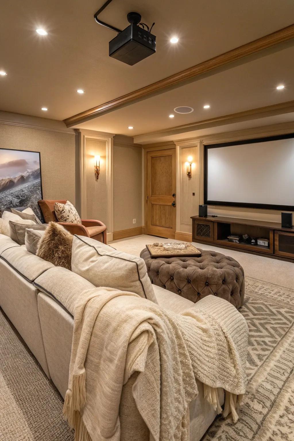 With soft textures and warm colors your cinema room becomes very inviting.