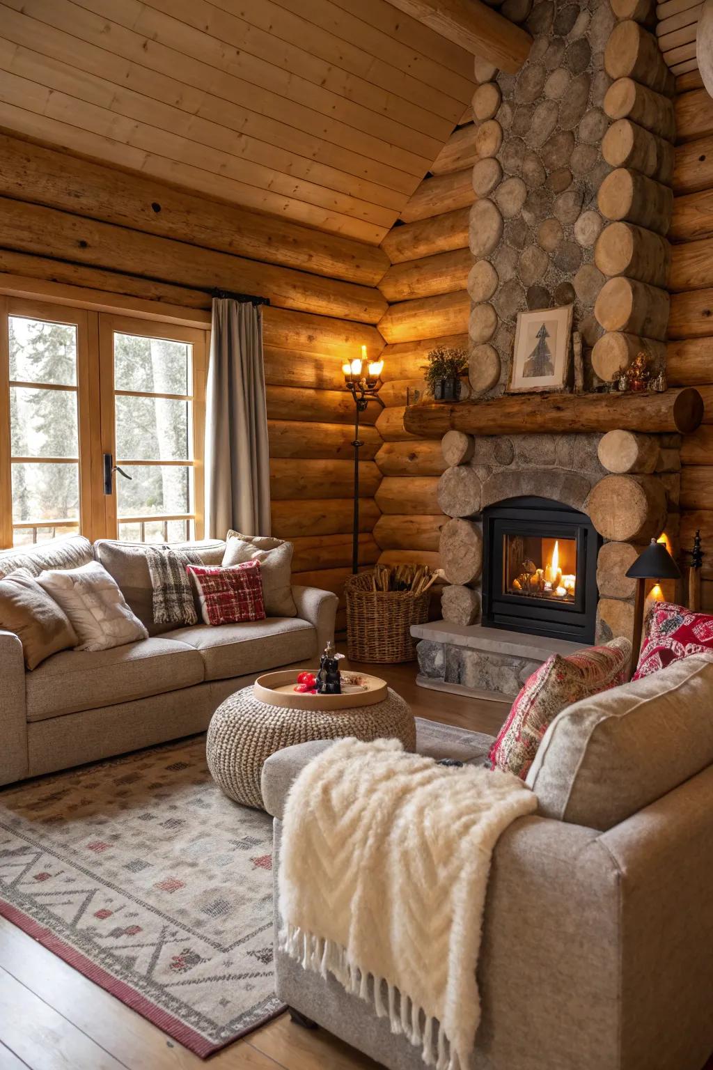 An inviting soft lounge zone perfect for unwinding in a log cabin.