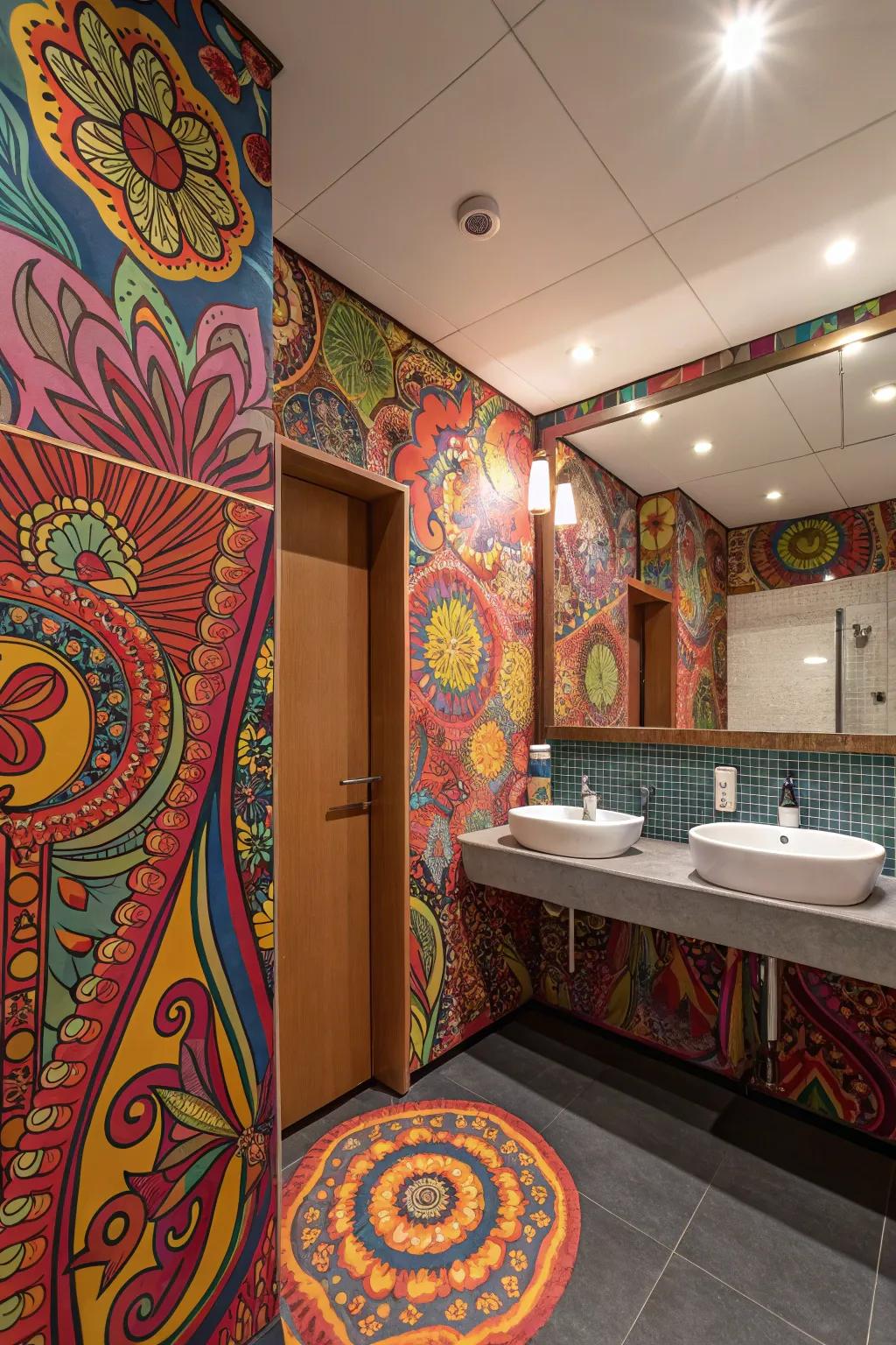 A lively bathroom overflowing with psychedelic patterns.