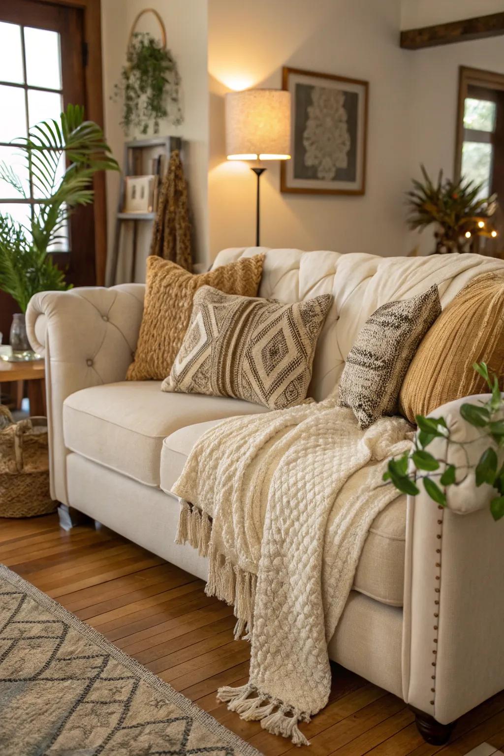 Layered textures enrich the ambiance and comfort of a vanilla sofa setting.
