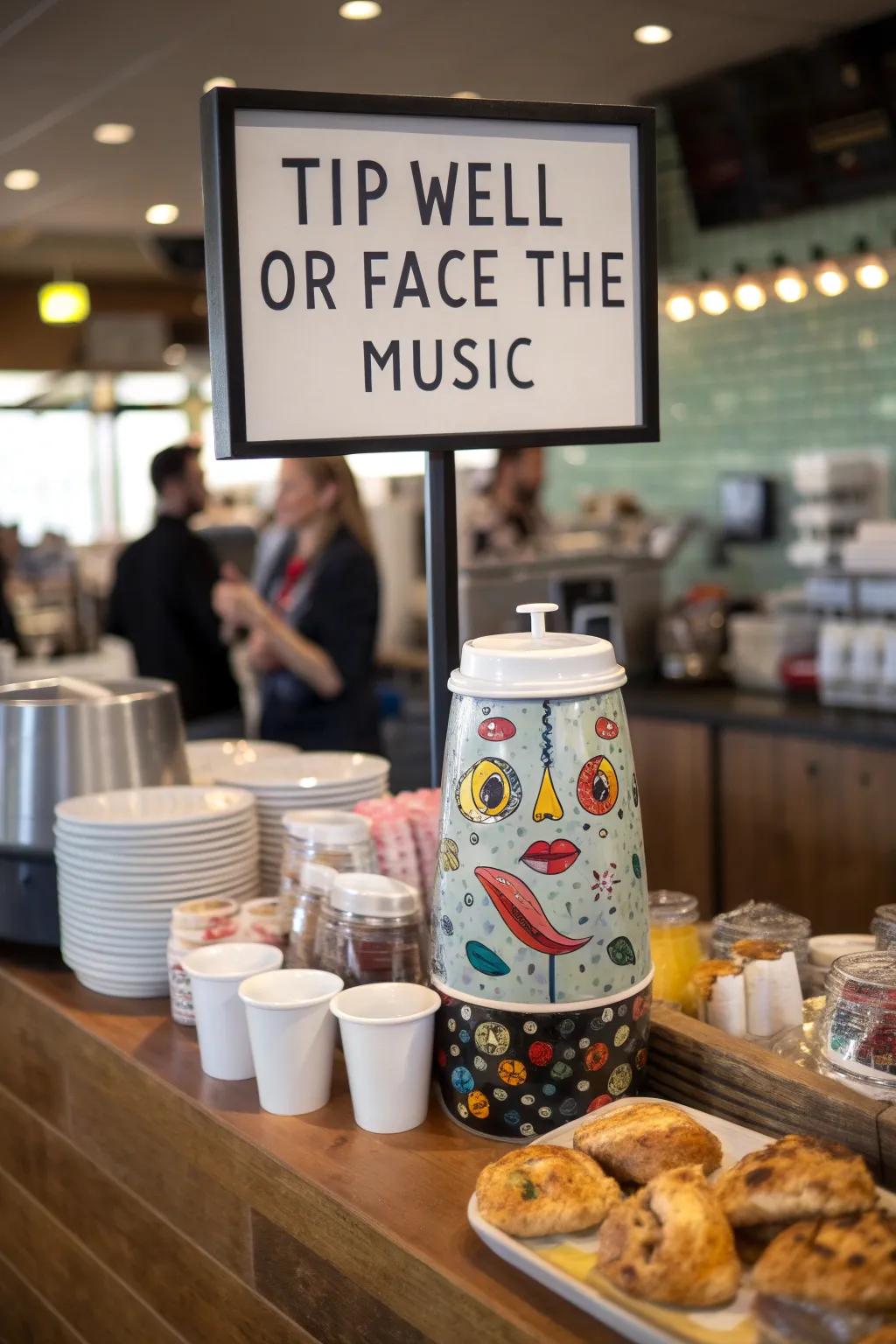 A tip container featuring a funny consequence sign