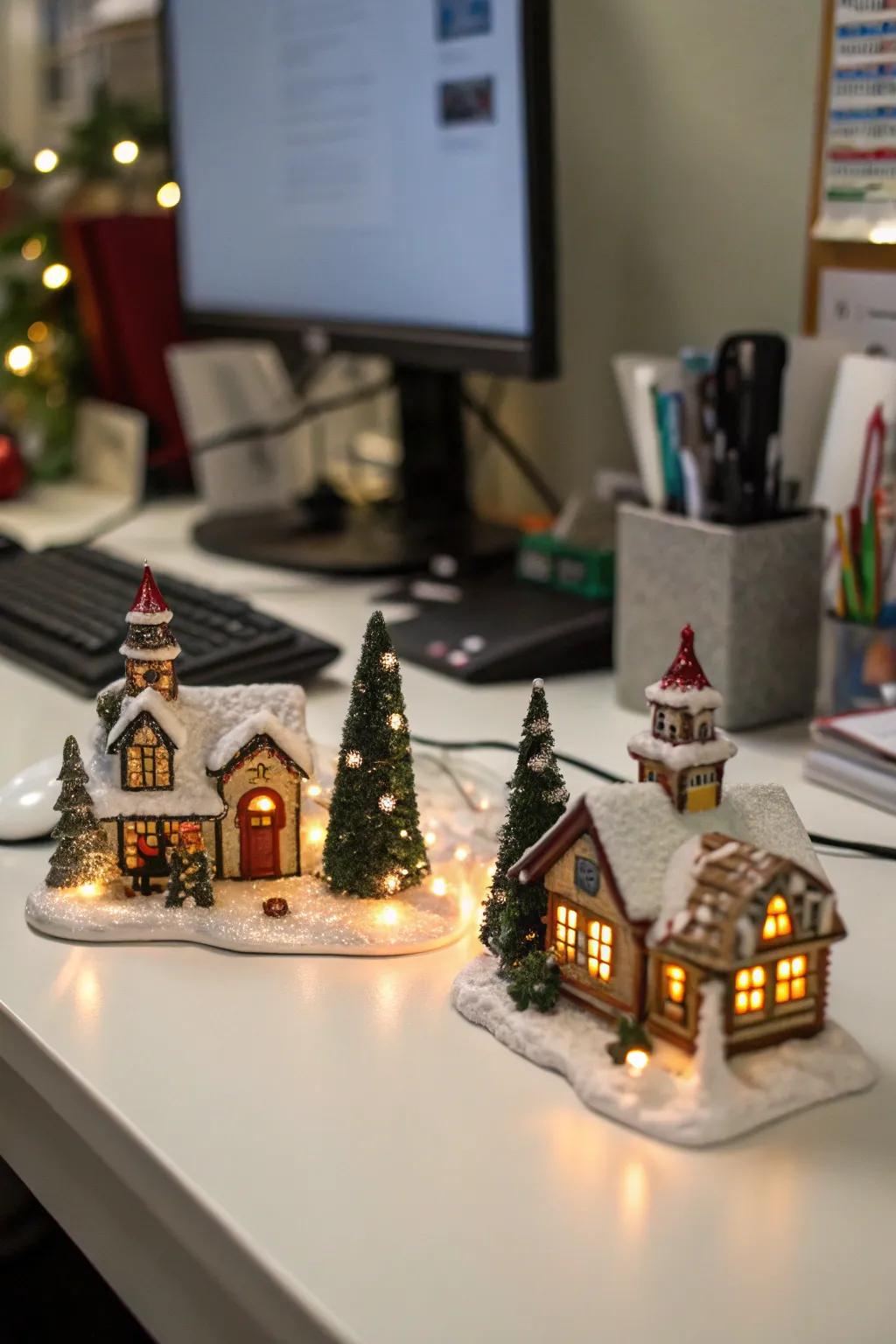 A delightful miniature holiday village brings festive enchantment to the workplace.