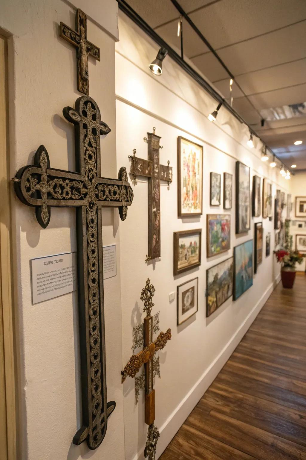 A display wall exhibiting a diverse selection of cross embellishments.