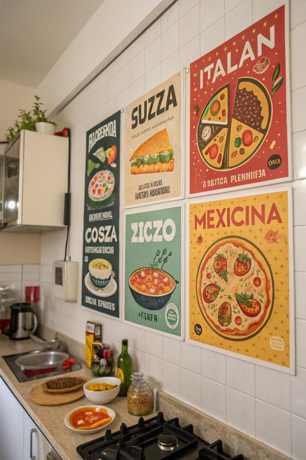 Posters of culinary creations inspire delicious exploration.
