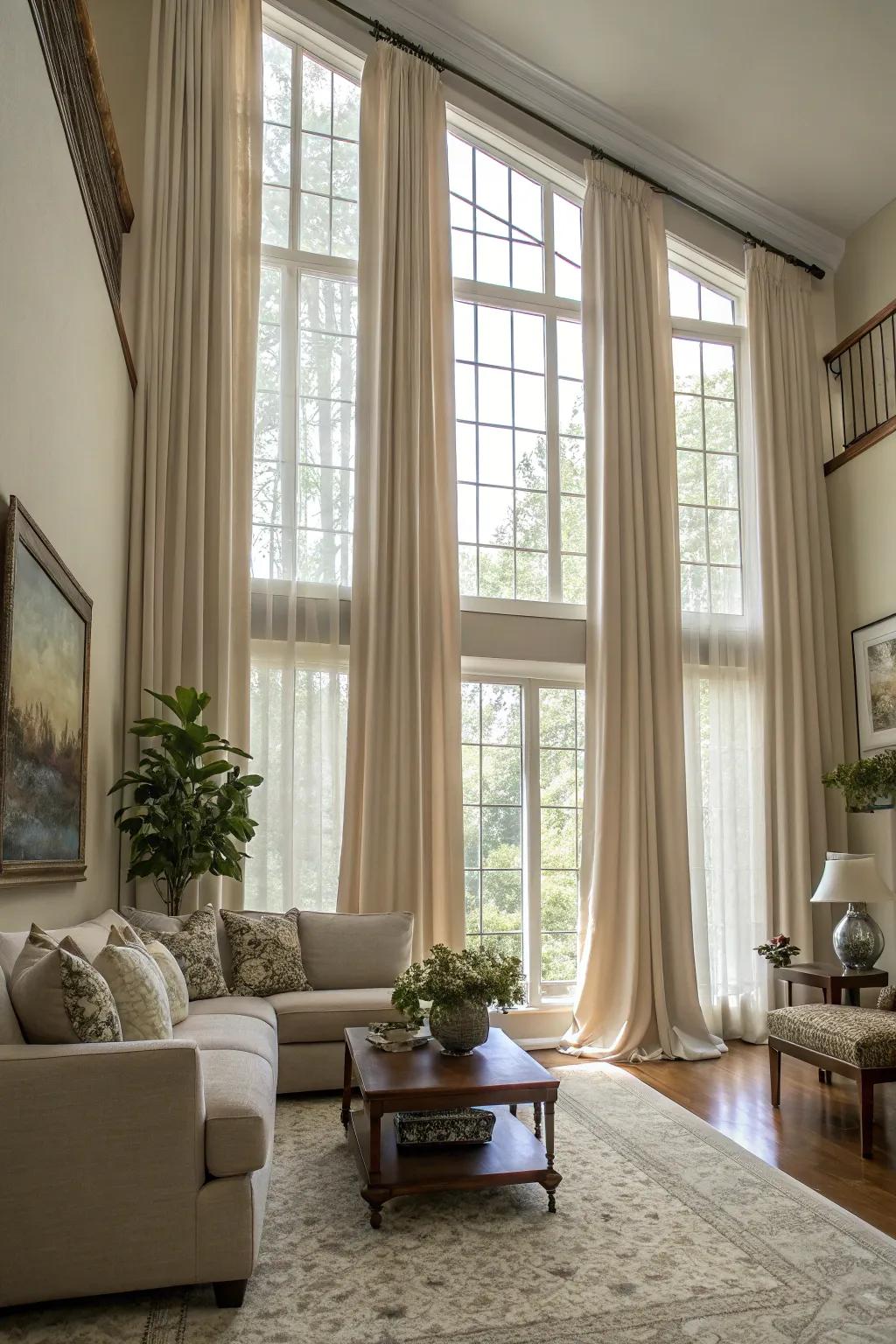 Extended drapes contribute theatrical flair and sophistication.