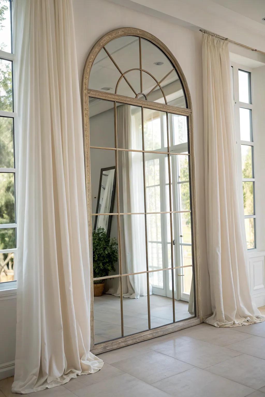 Drapes paired with a mirror for a roomy effect.