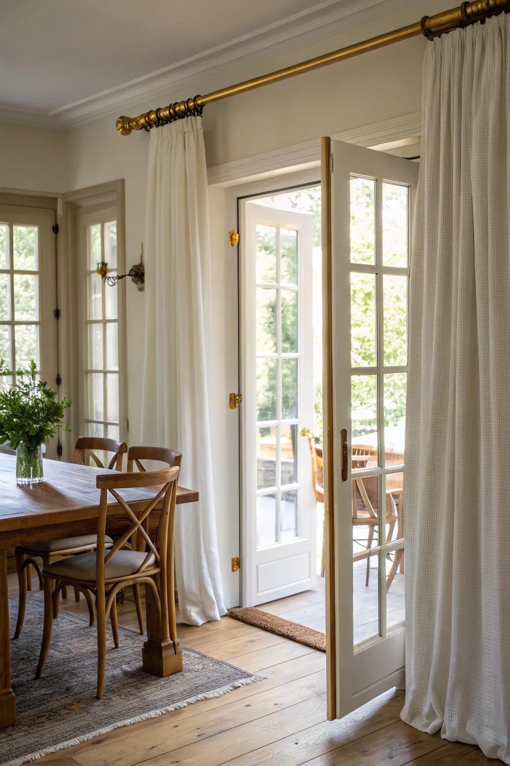 Metallic finishes enhance curtain hardware.