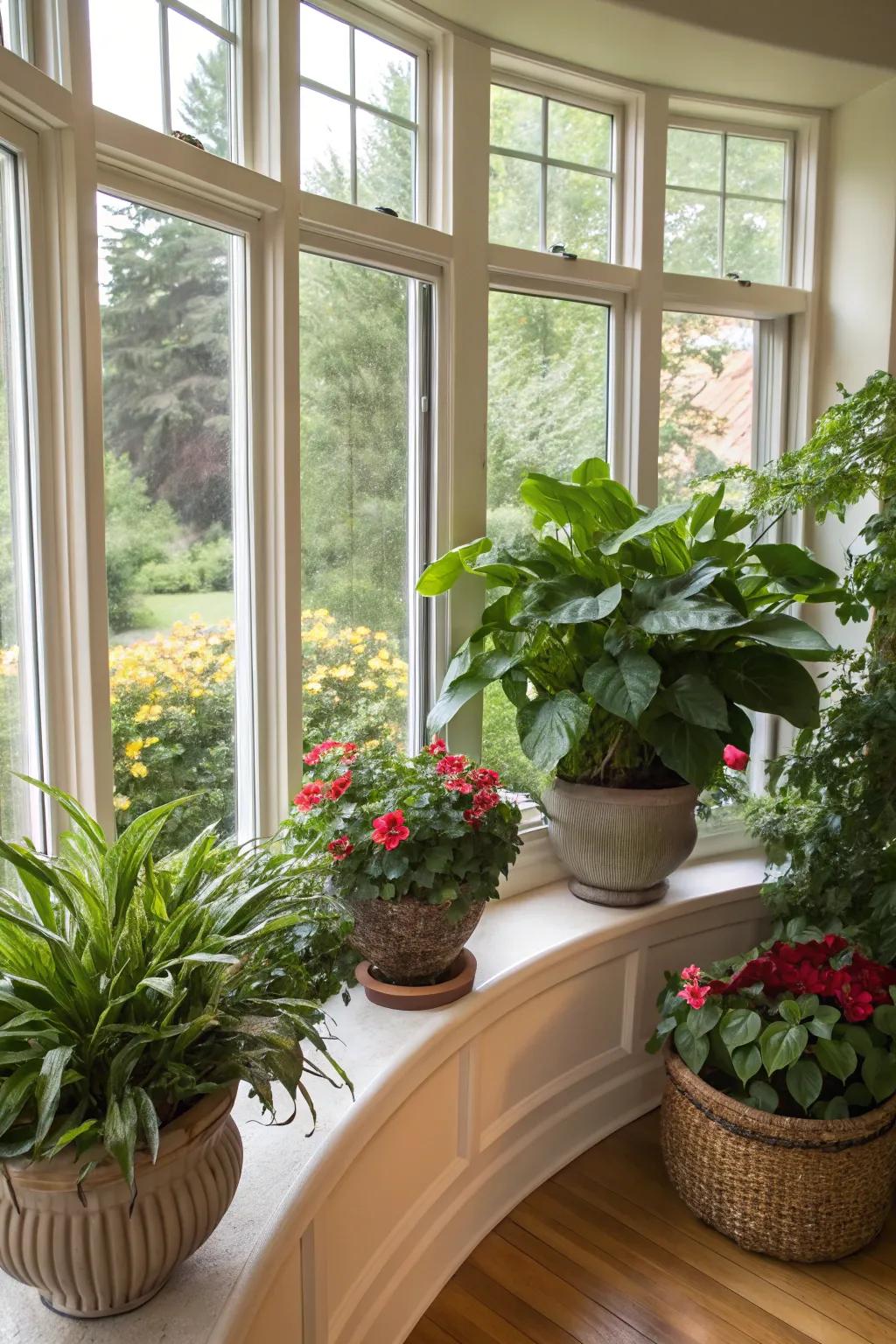 An abundant indoor floral display within an arched bay window.