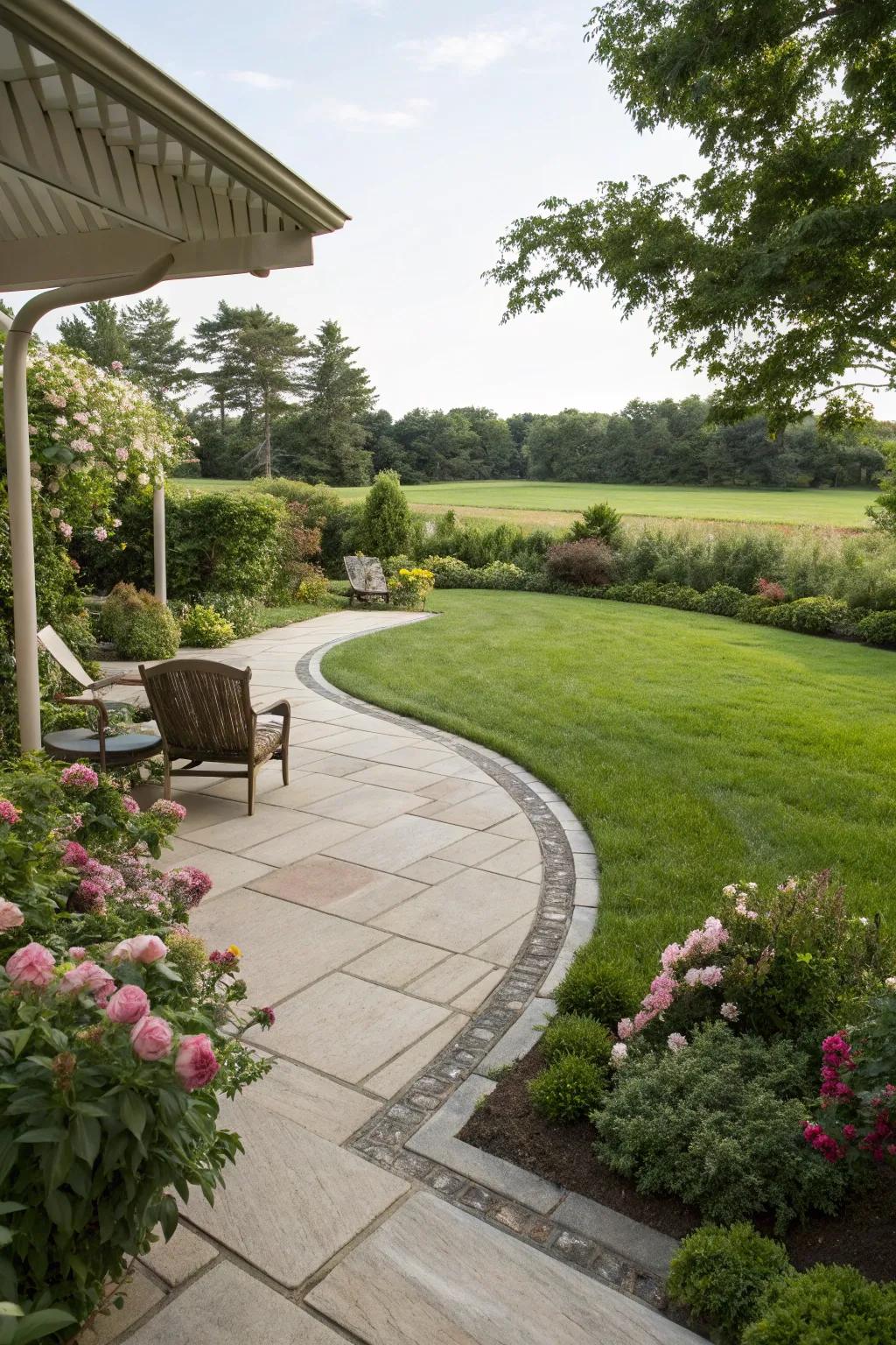 A patio layout that seamlessly merges into the verdant lawn.