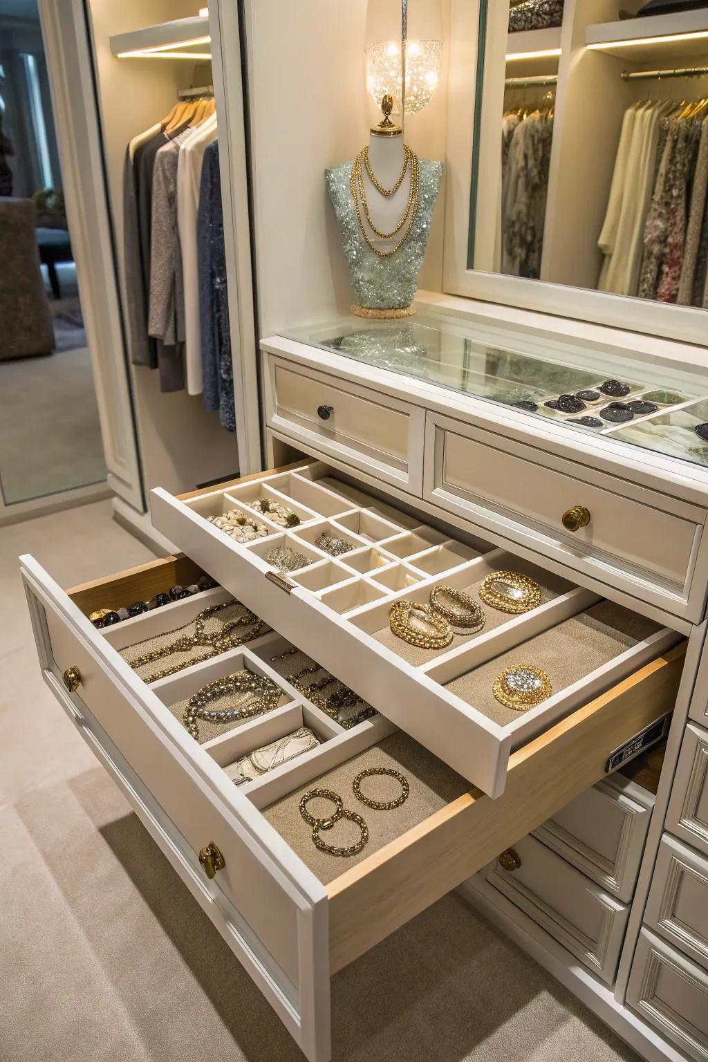 Retain organized accessories using slide-out compartments.