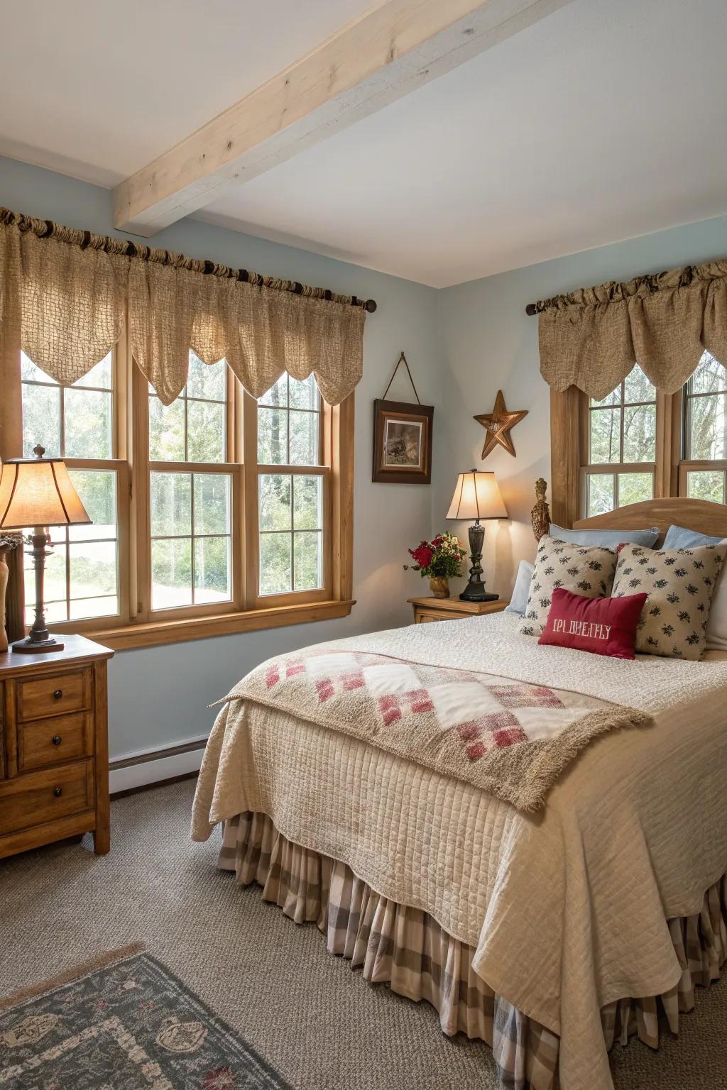 Add country charm to your guest suite with hessian window toppers.