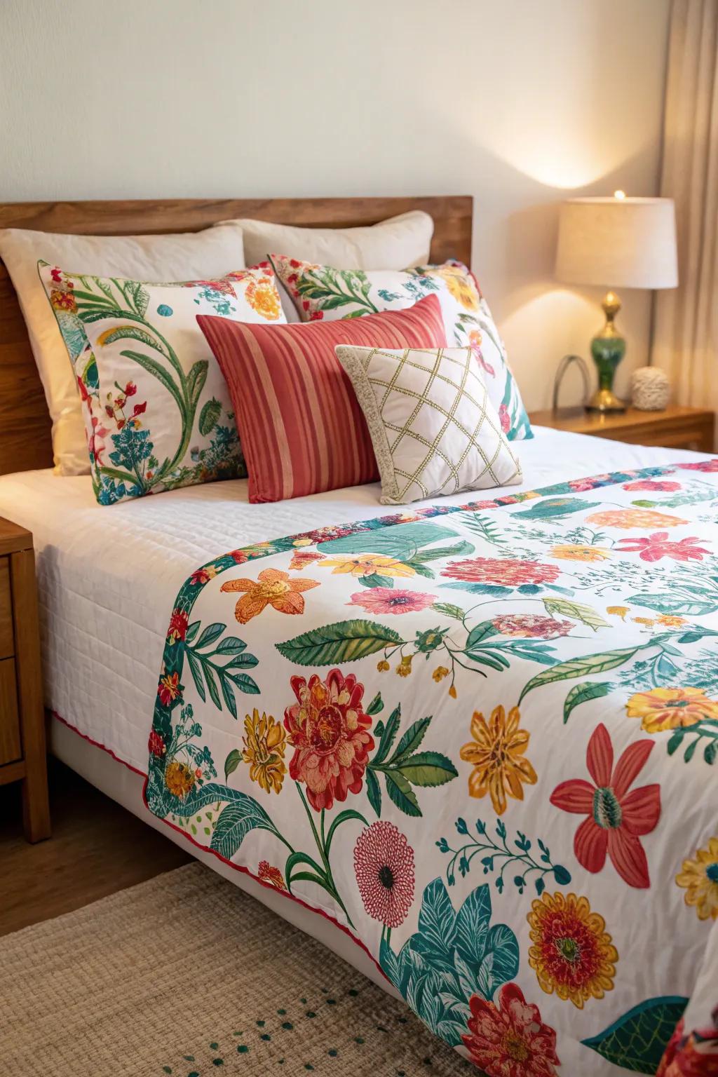 Eye-catching linens enliven the bedroom.