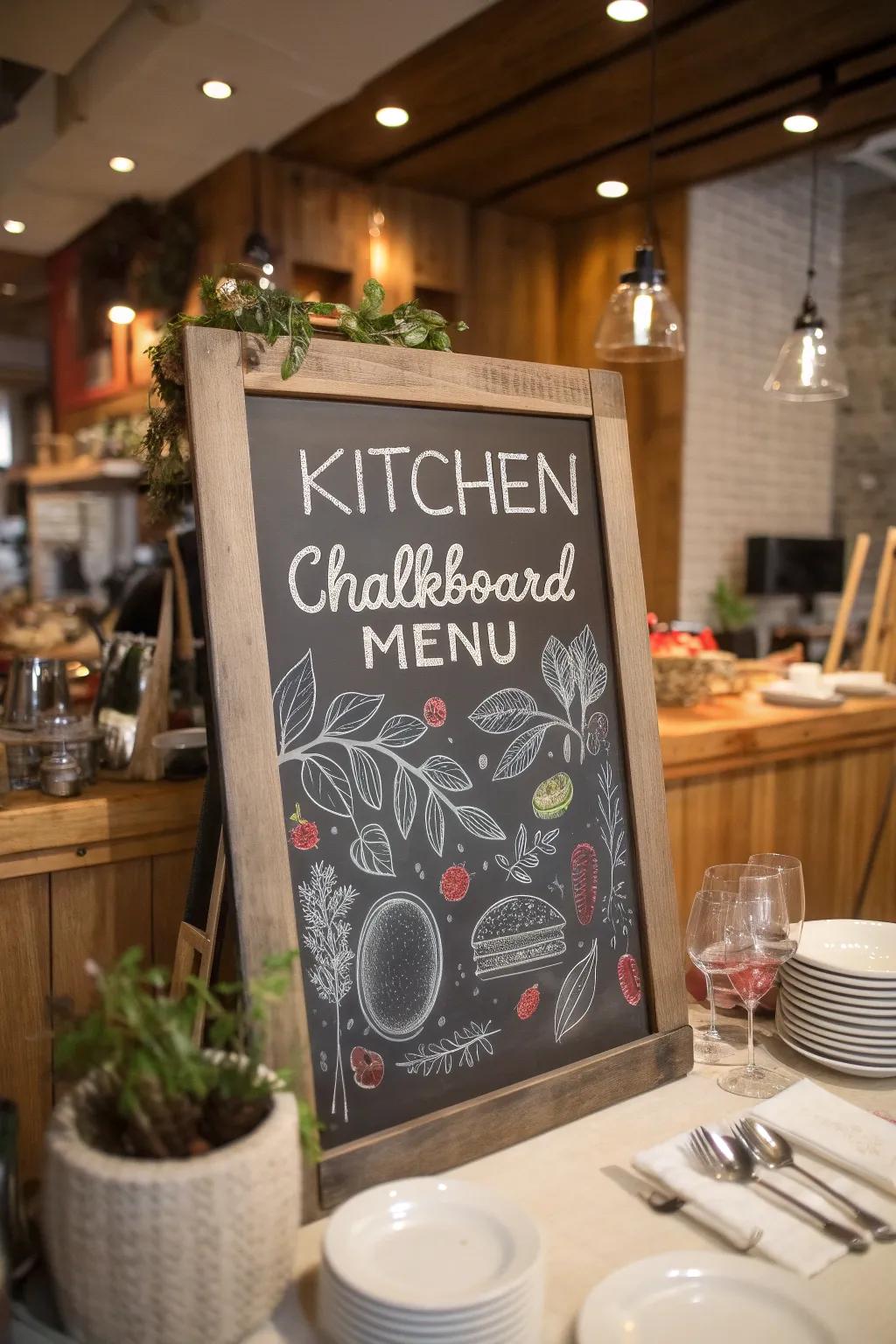 An imaginative chalkboard menu in the kitchen, exhibiting the week’s culinary selections.
