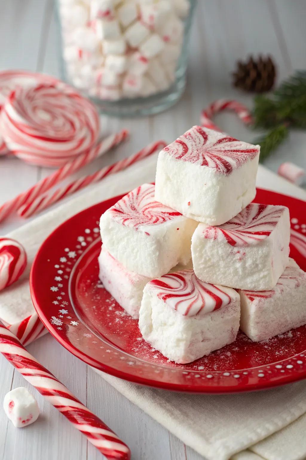 Festive candy cane marshmallows perfect for hot cocoa or snacking.