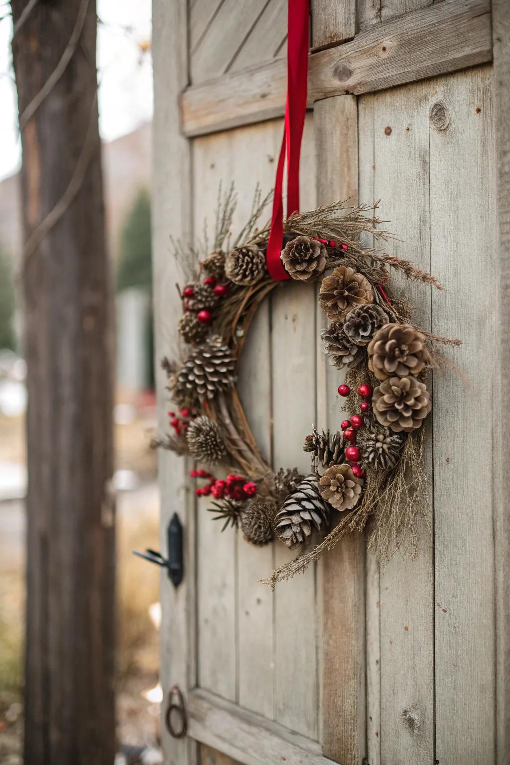 A rustic pinecone wreath welcomes visitors with charm.