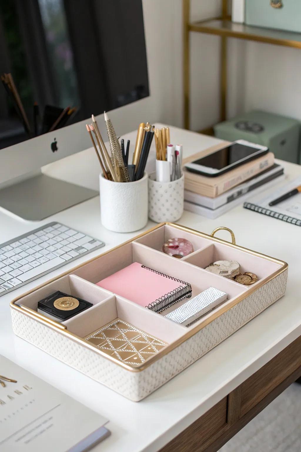 A desk with fashionable trays and organizers, illustrating a tidy and efficient layout.
