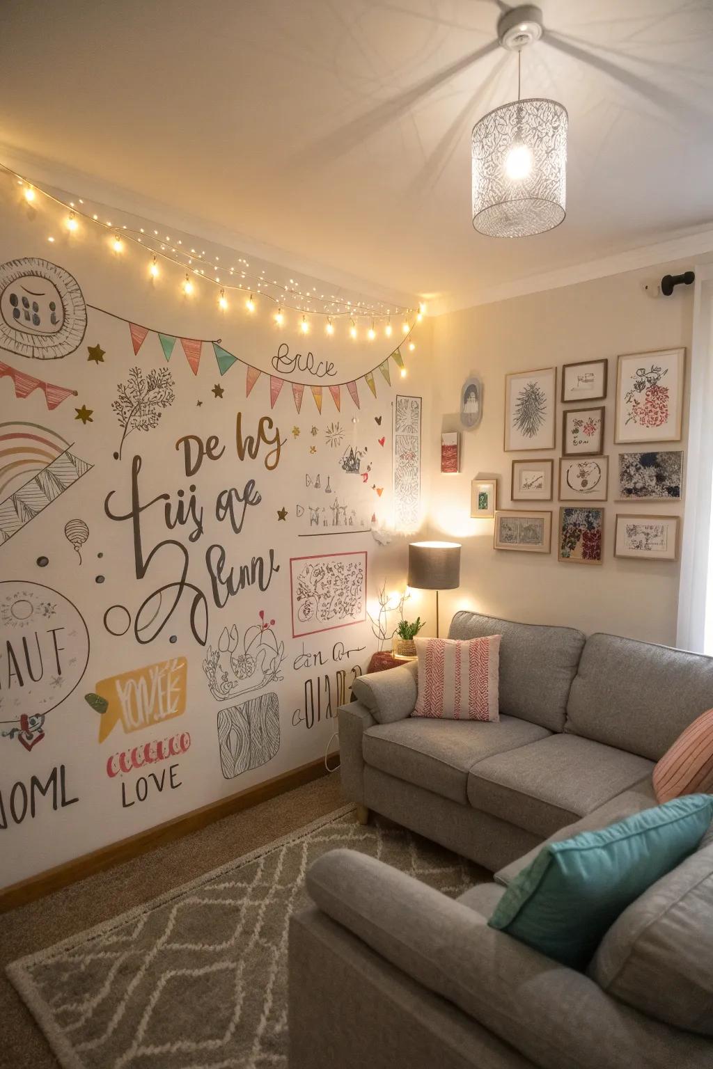 Inspiring affirmations add character to a family room.
