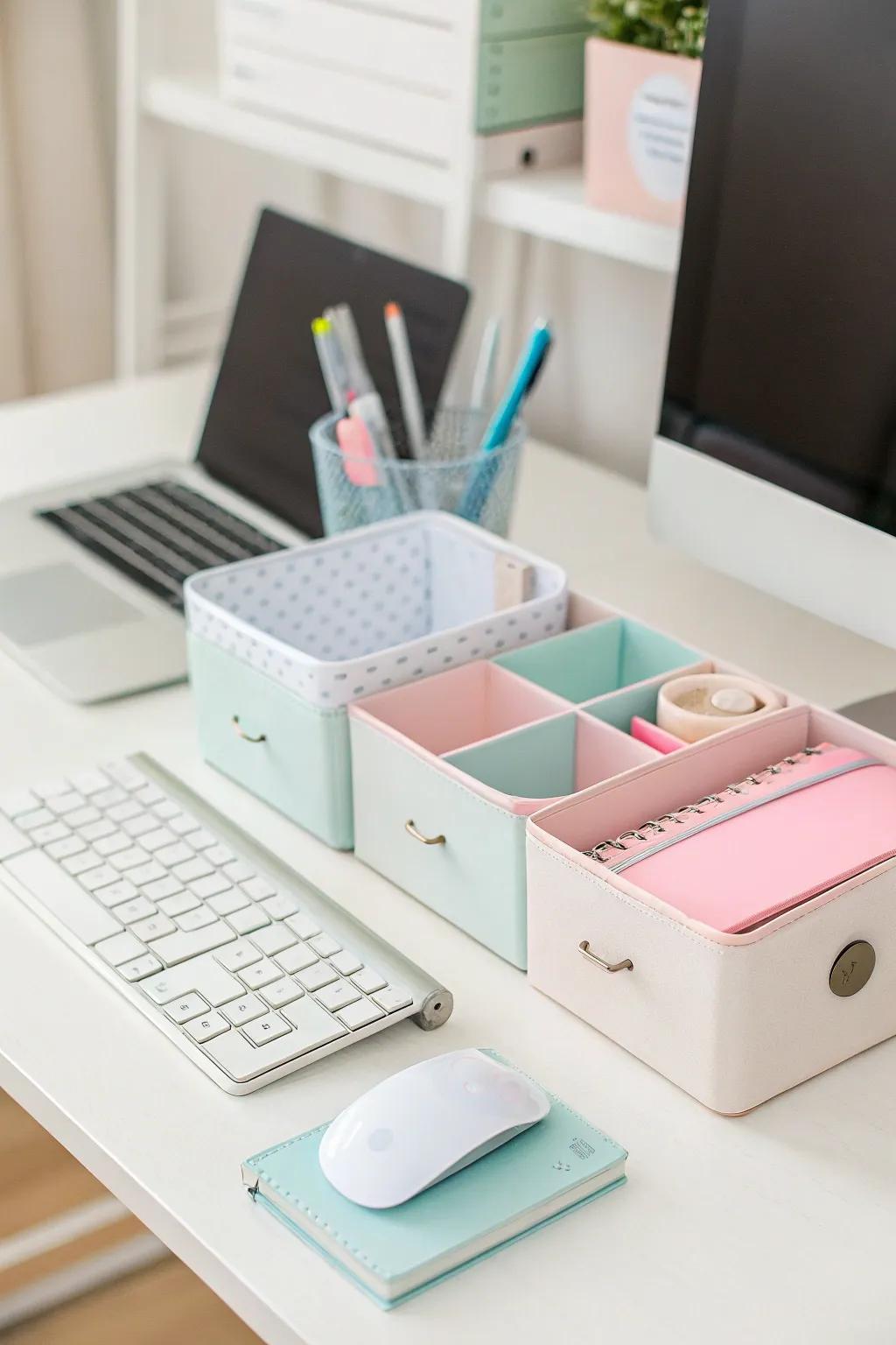Elegant organizers maintain a neat and chic PC setup.