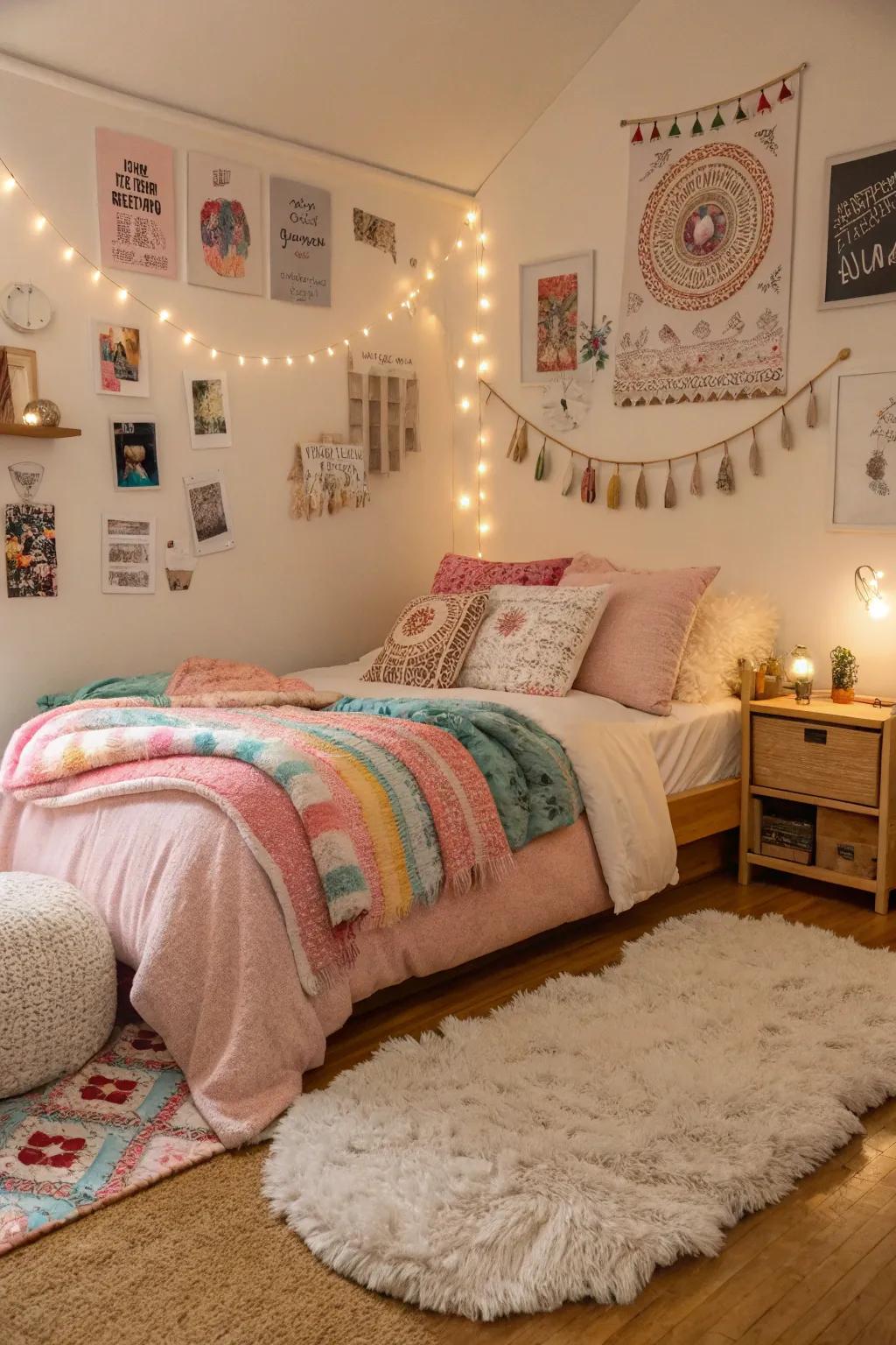A cozy teen room featuring soft comforts for relaxation.