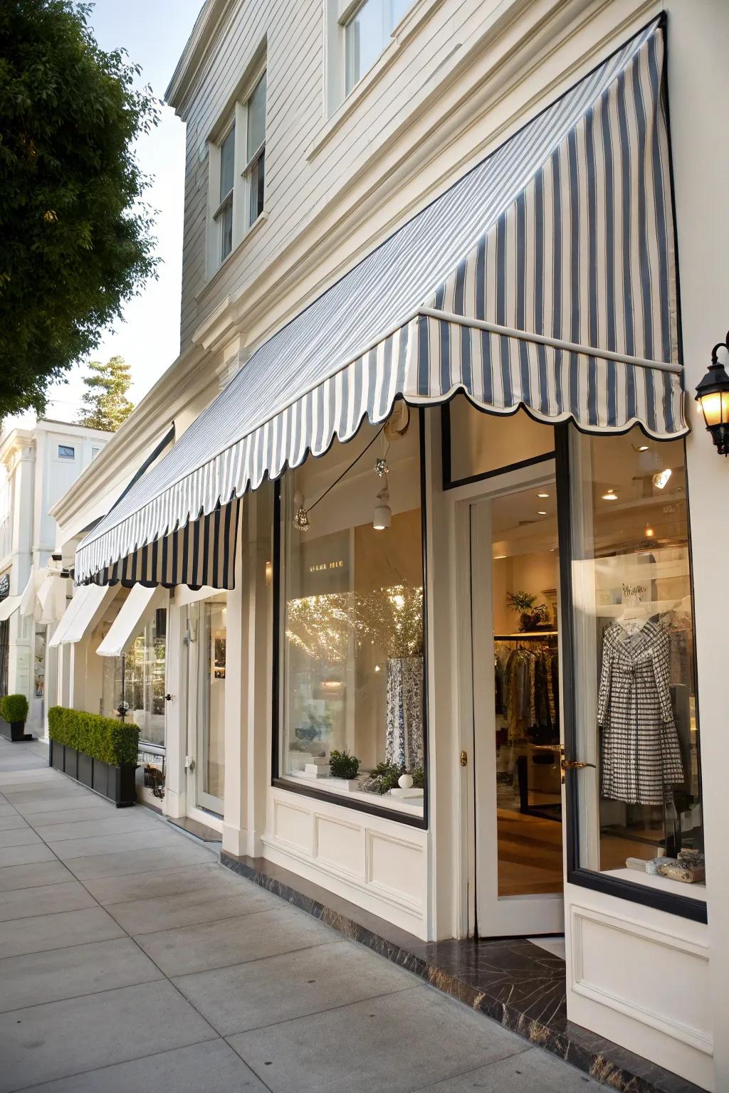A shop front featuring a refined striped canopy that amalgamates sophistication with practicality.