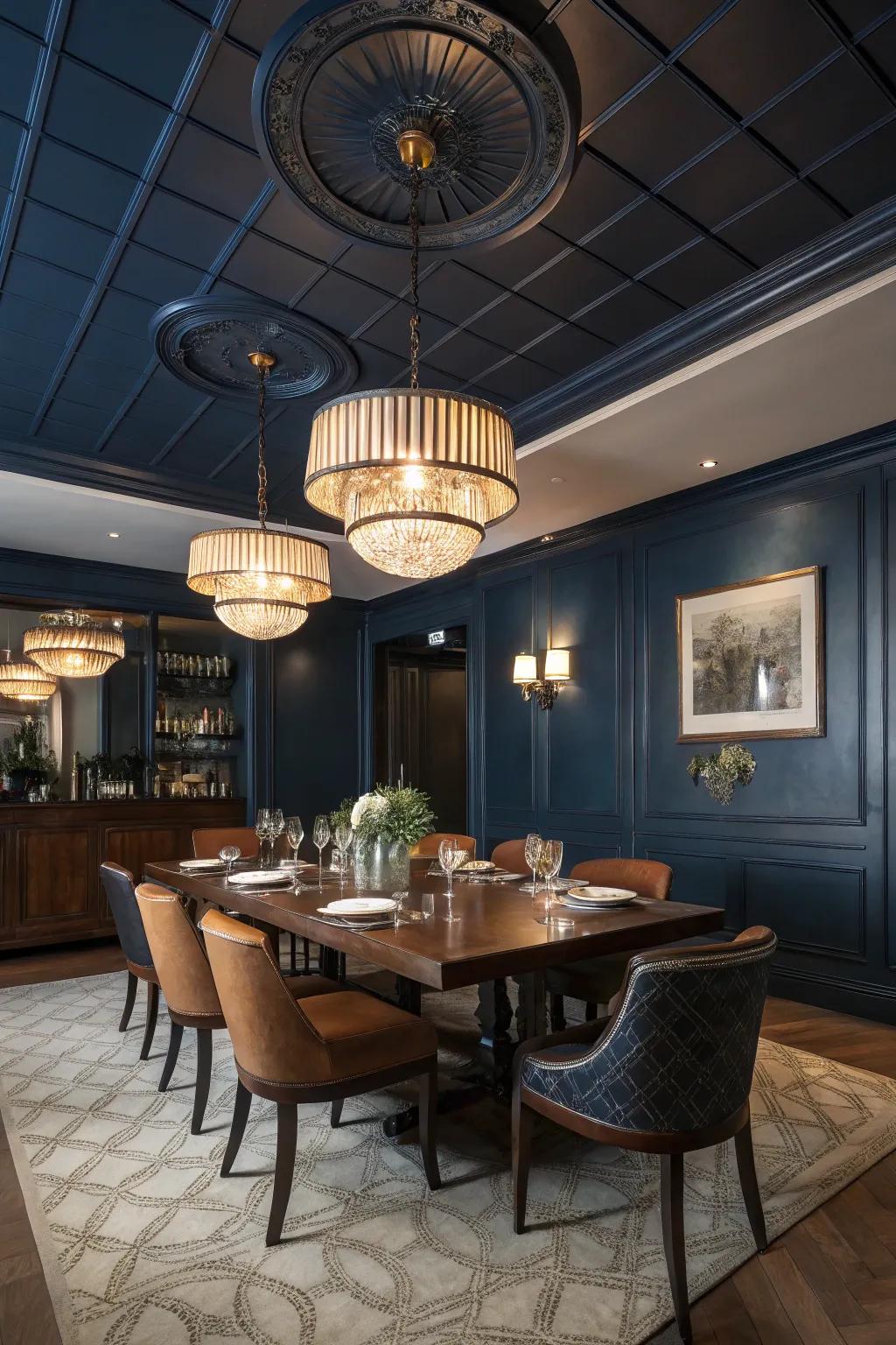 A dramatic dining area featuring a dark blue ceiling.