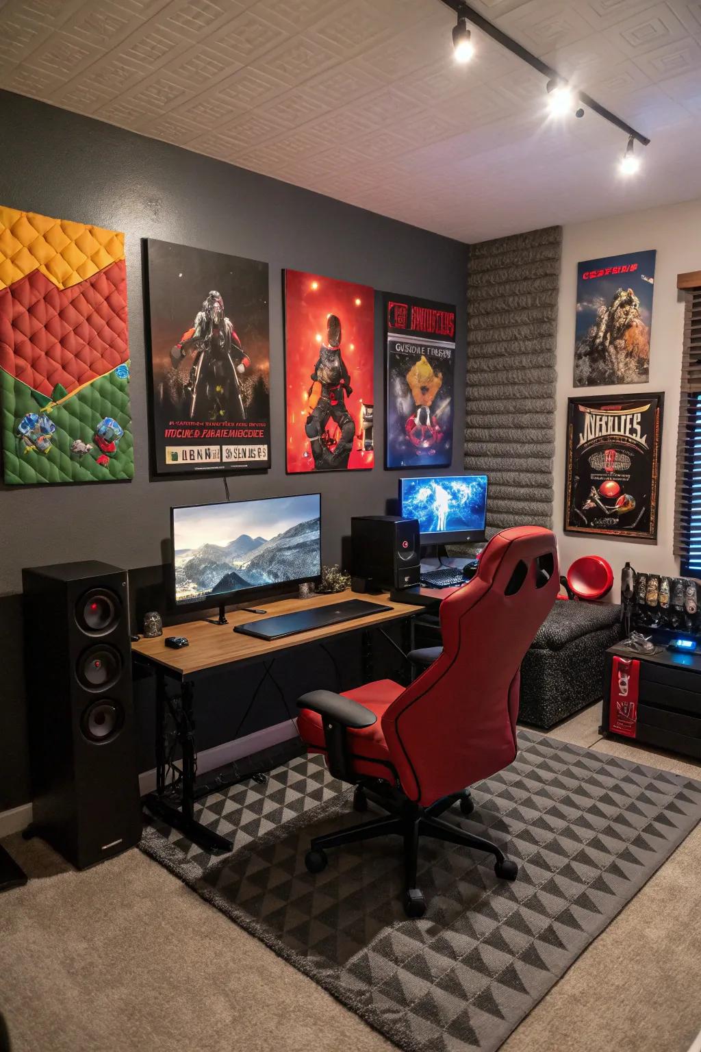 Personalize your gaming space with themed wall art and sound-absorbing panels.