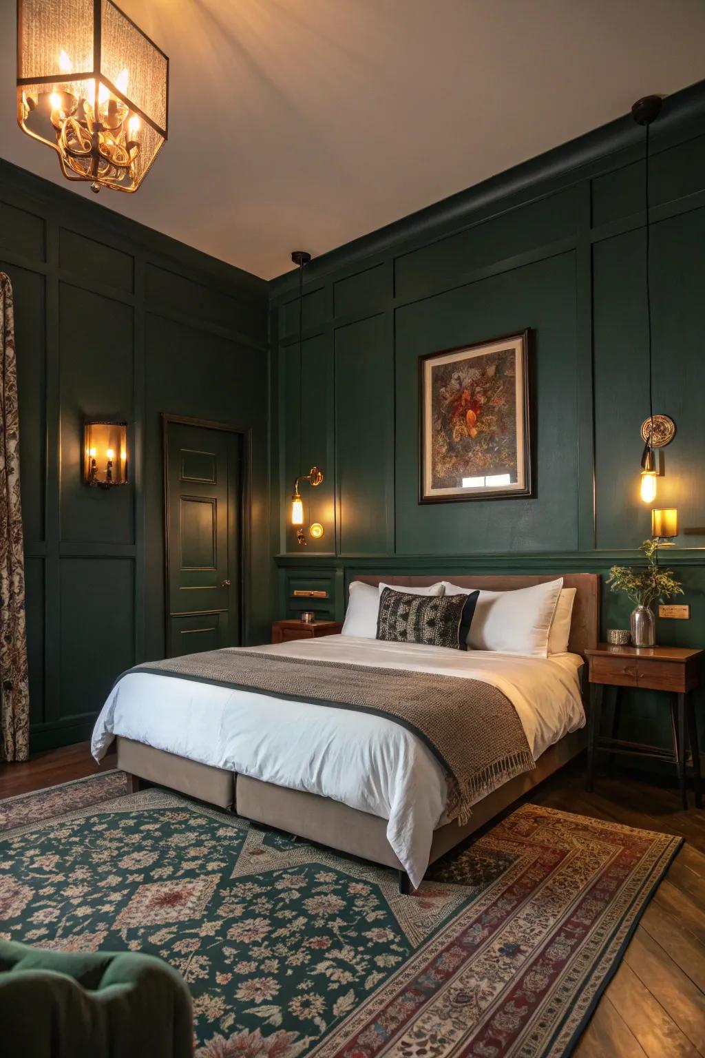 A bedroom with dark green walls brightened by soft lighting fixtures.