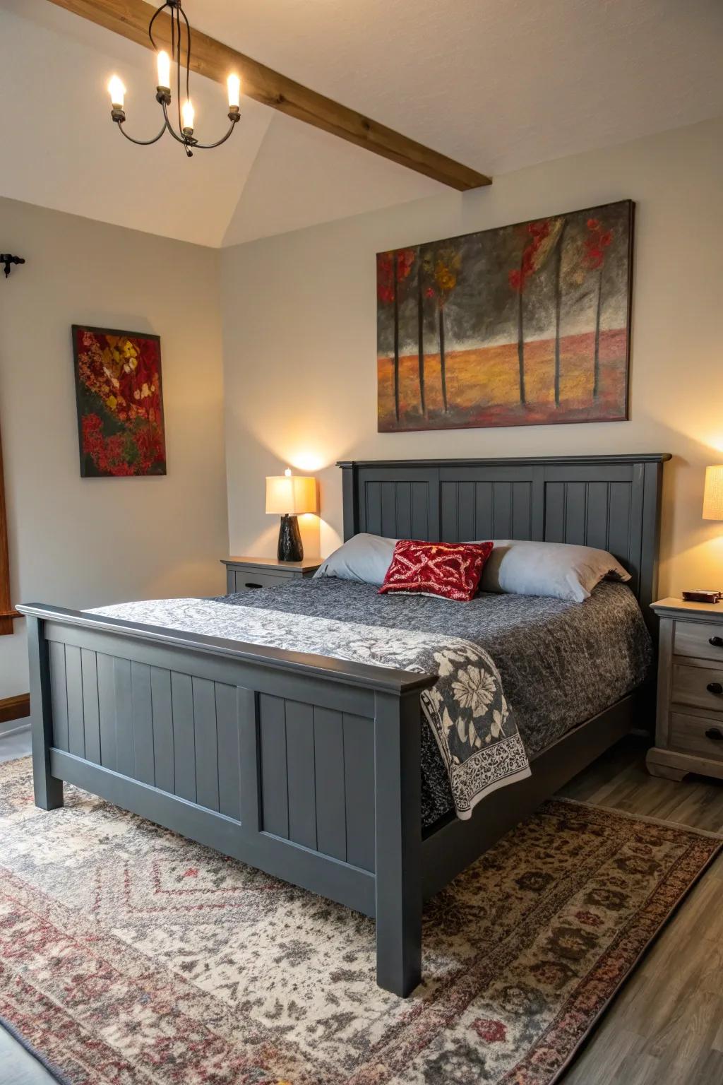 A boudoir exhibiting a shadowy grey bed frame brightened by striking canvases.