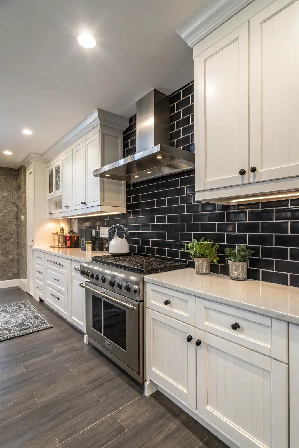 A breathtaking blend: a deep-toned backsplash paired with brightly painted cabinetry.